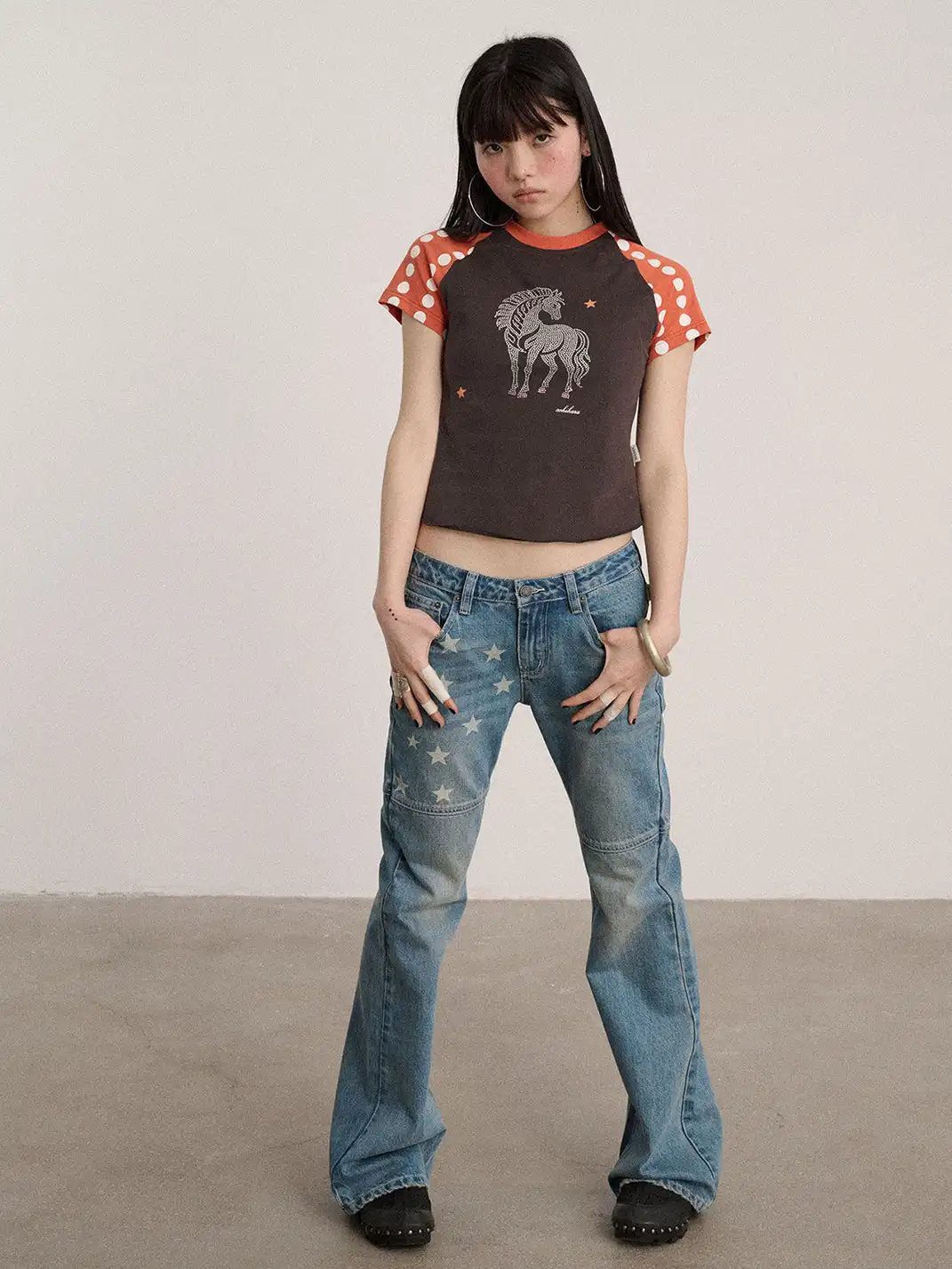 Achihara | Star Print Low Waist Panel Flare Jeans