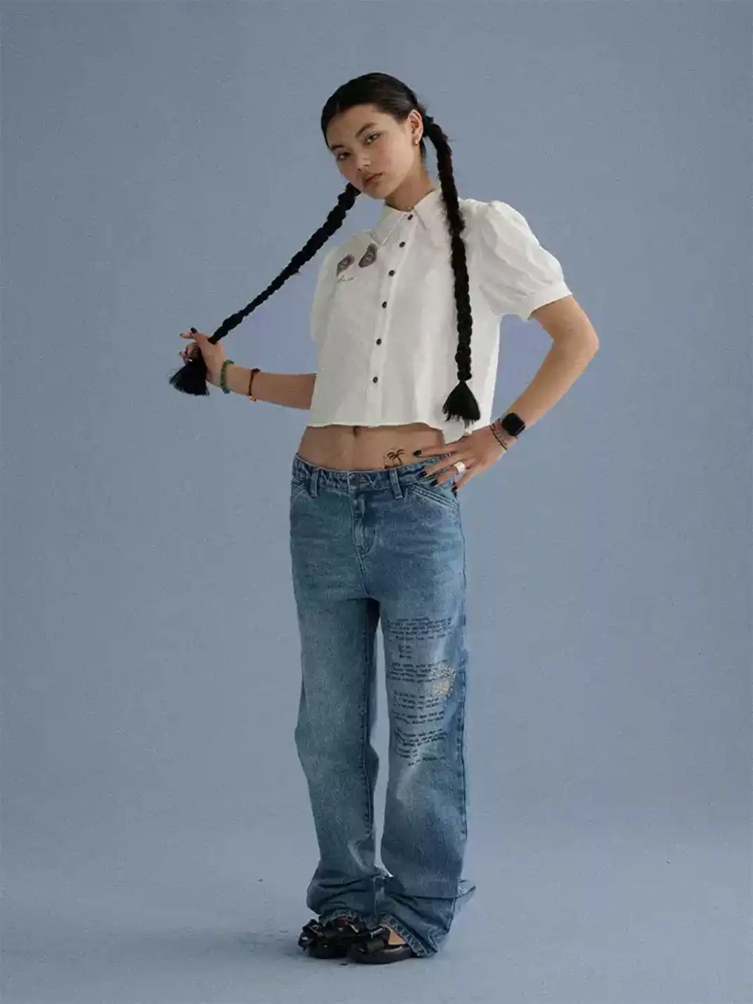 Achihara | Distressed Letter Print Versatile Jeans