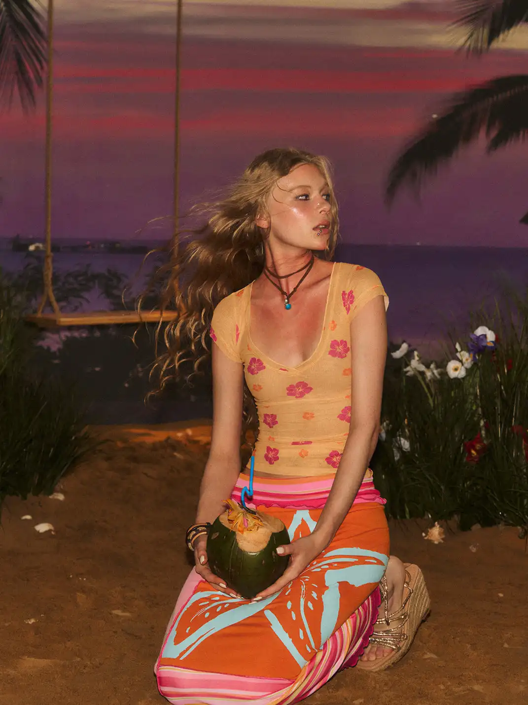 DeleteEX | Floral Print Deep V Neck T-Shirt