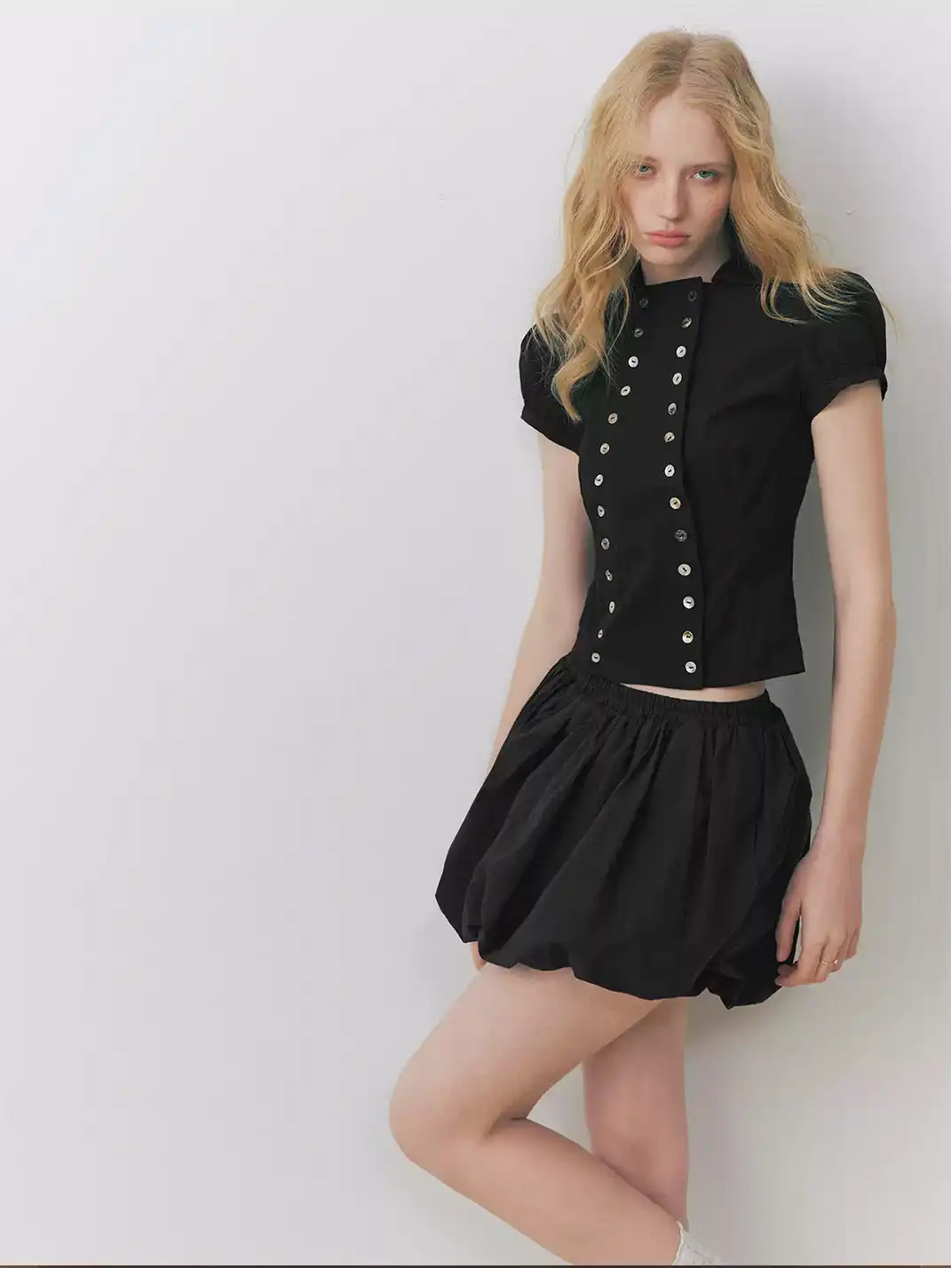 DeleteEX | Shell Double-Breasted Puff Sleeve Shirt