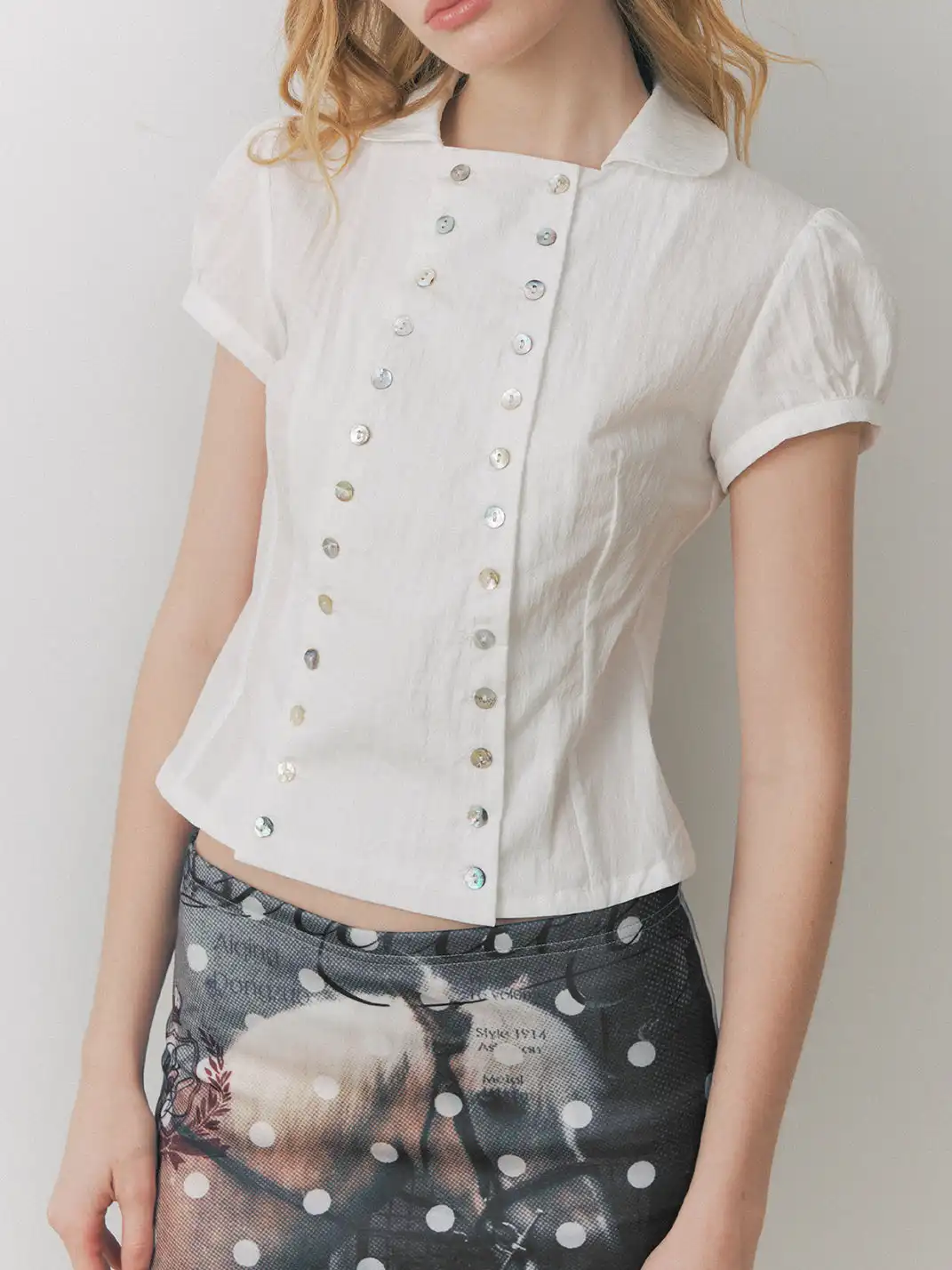 DeleteEX | Shell Double-Breasted Puff Sleeve Shirt