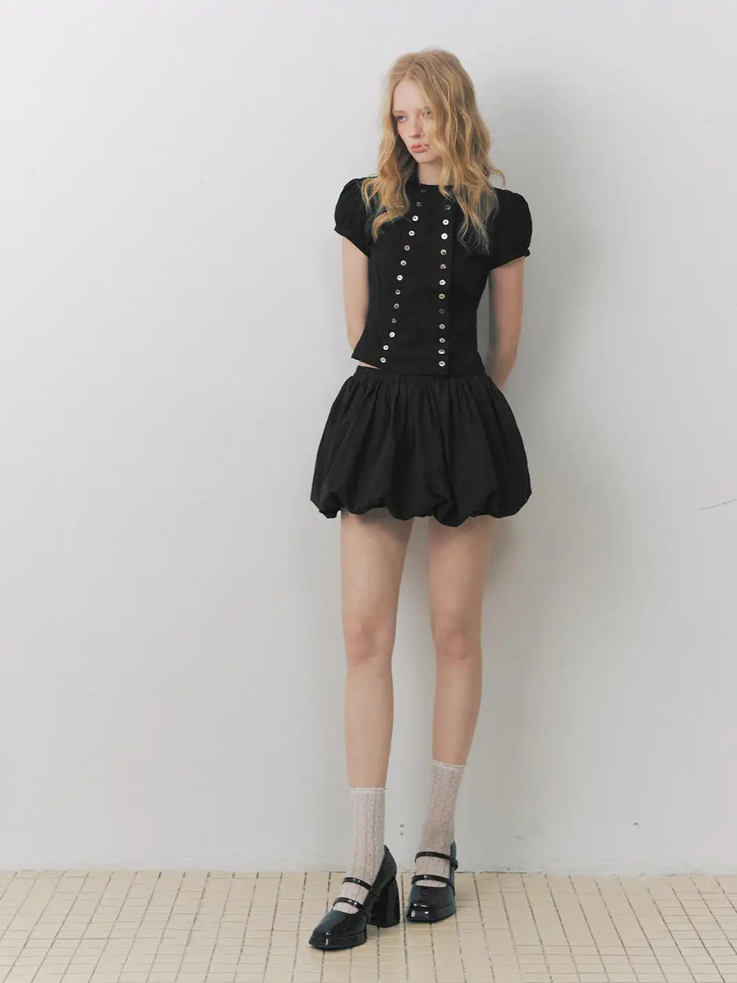 DeleteEX | Shell Double-Breasted Puff Sleeve Shirt