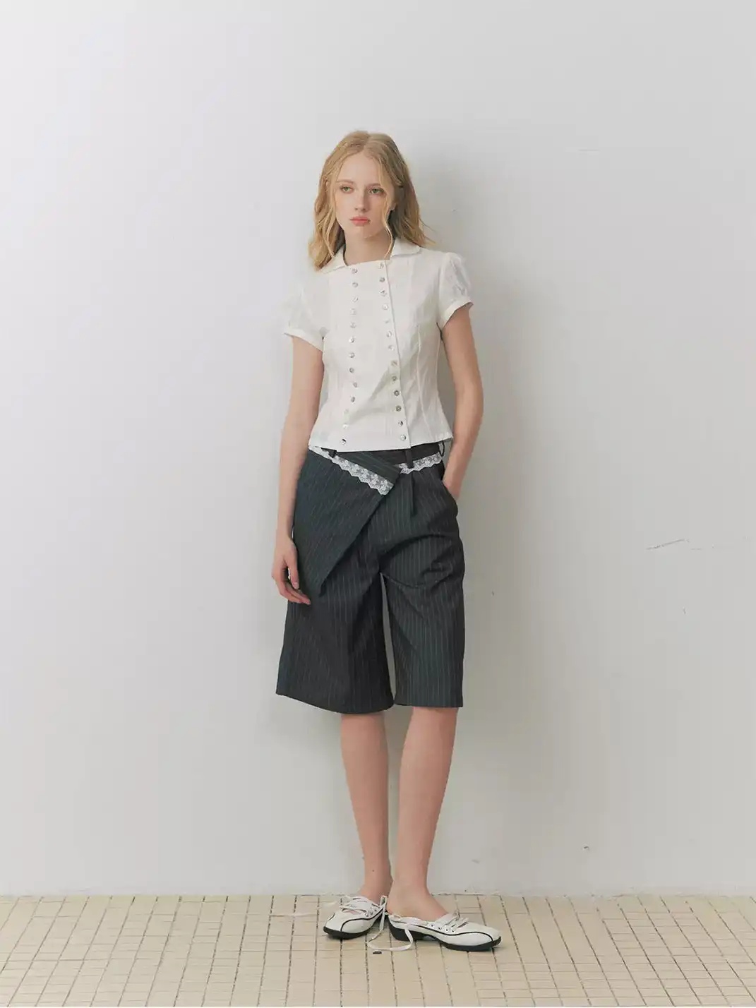 DeleteEX | Shell Double-Breasted Puff Sleeve Shirt