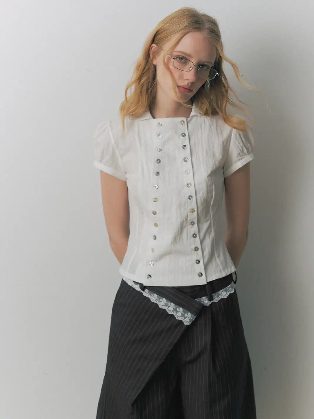 DeleteEX | Shell Double-Breasted Puff Sleeve Shirt