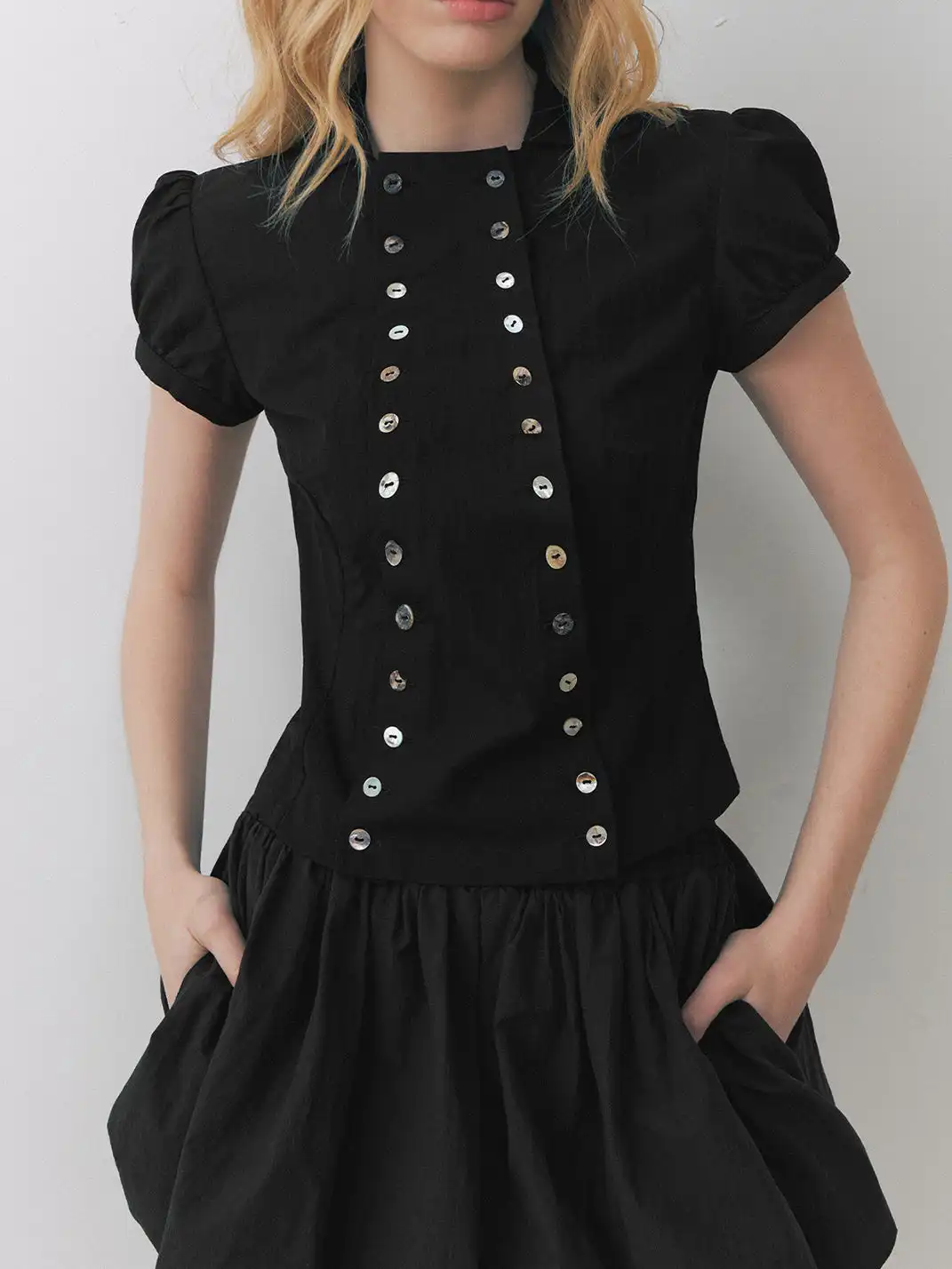 DeleteEX | Shell Double-Breasted Puff Sleeve Shirt