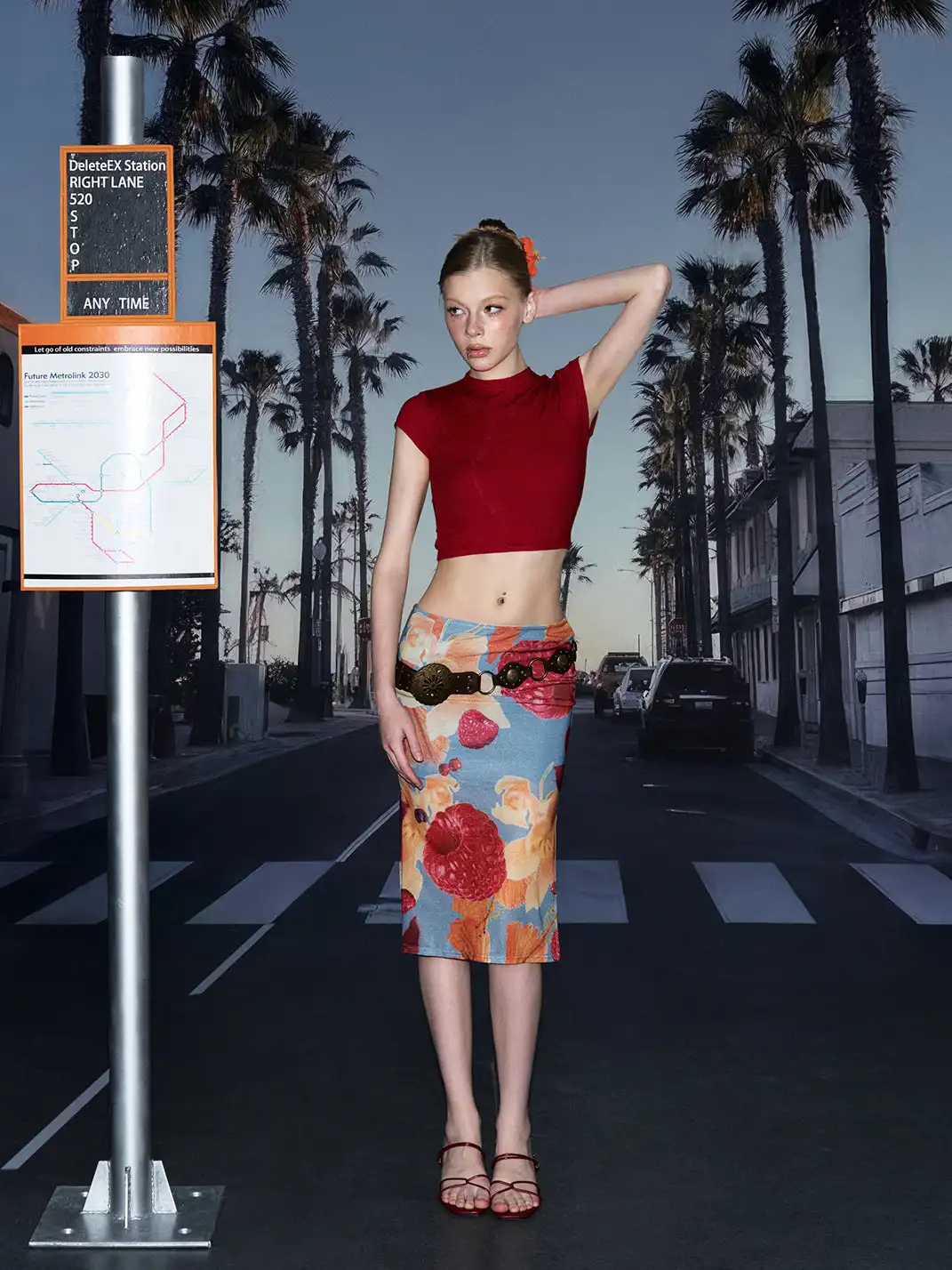DeleteEX | Fruit Print Side Slit Midi Skirt