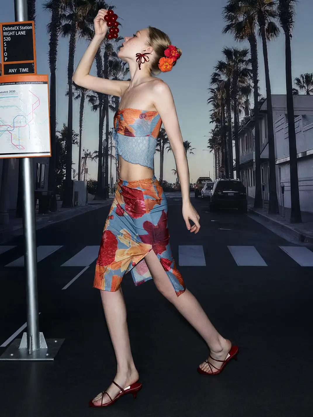 DeleteEX | Fruit Print Side Slit Midi Skirt