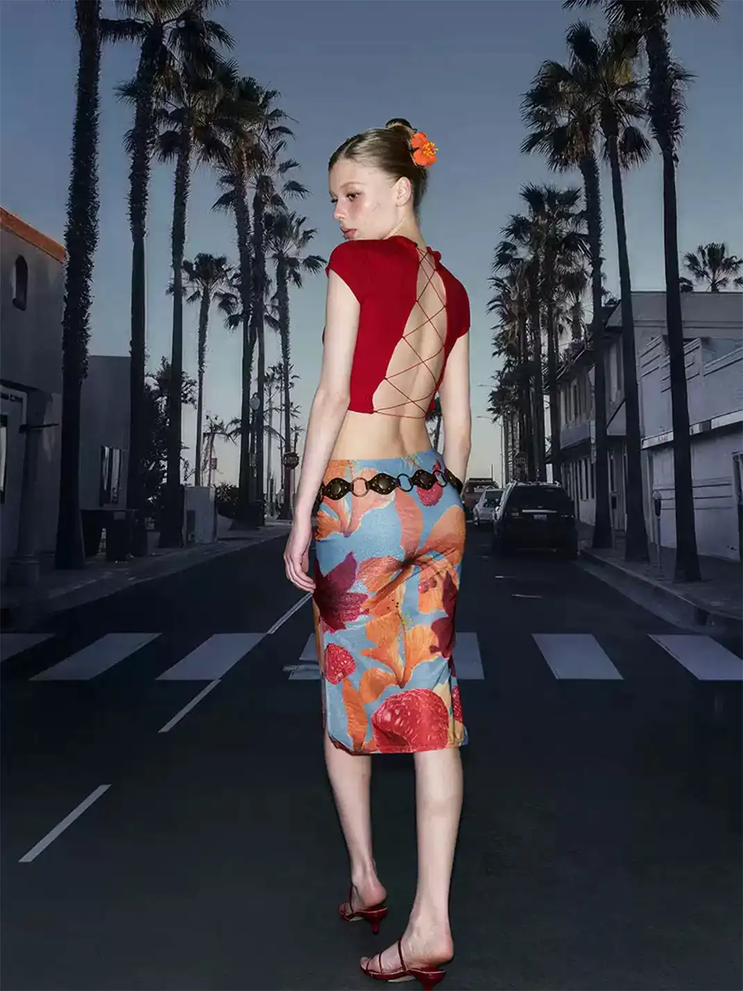 DeleteEX | Fruit Print Side Slit Midi Skirt