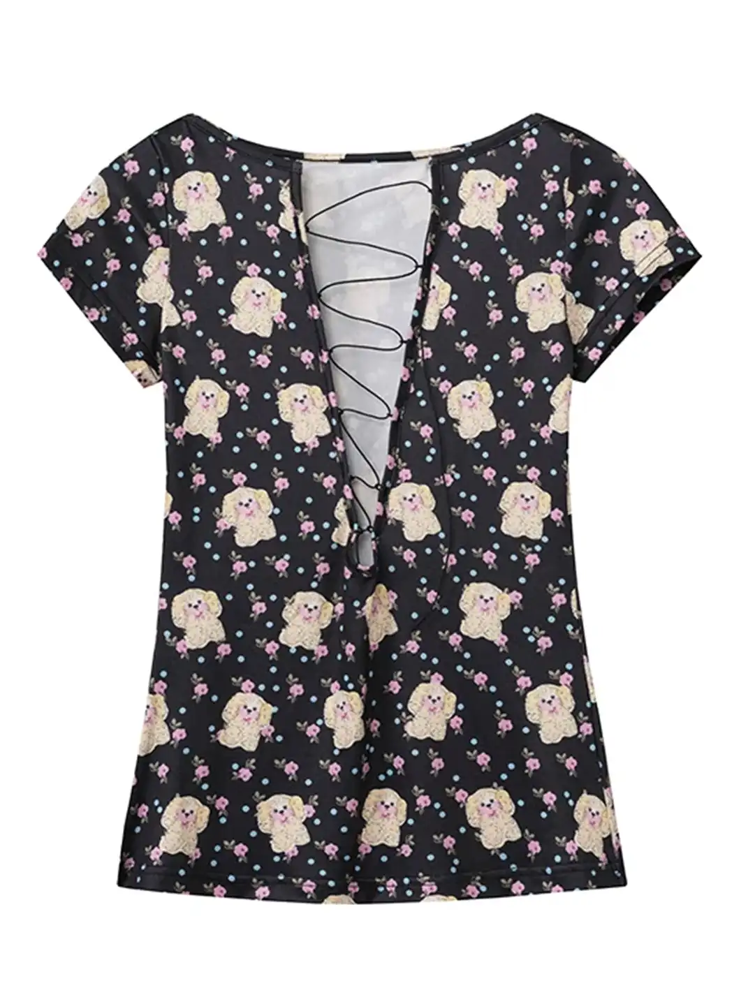 DeleteEX | Printed Drawstring V-Neck T-Shirt