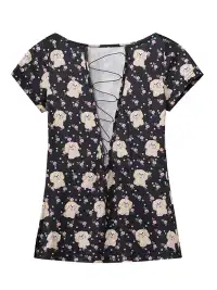 DeleteEX | Printed Drawstring V-Neck T-Shirt