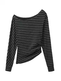 DeleteEX | Striped Ruched One-Shoulder Long Sleeve Top