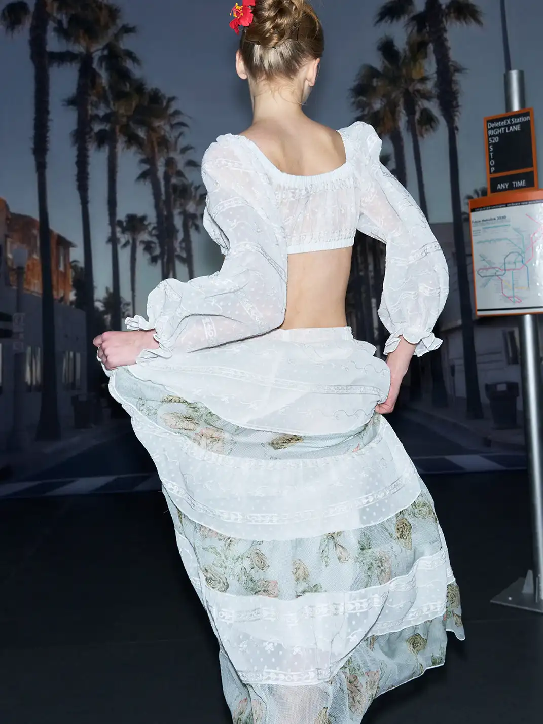 DeleteEX | Floral Chiffon Puff Sleeve Top