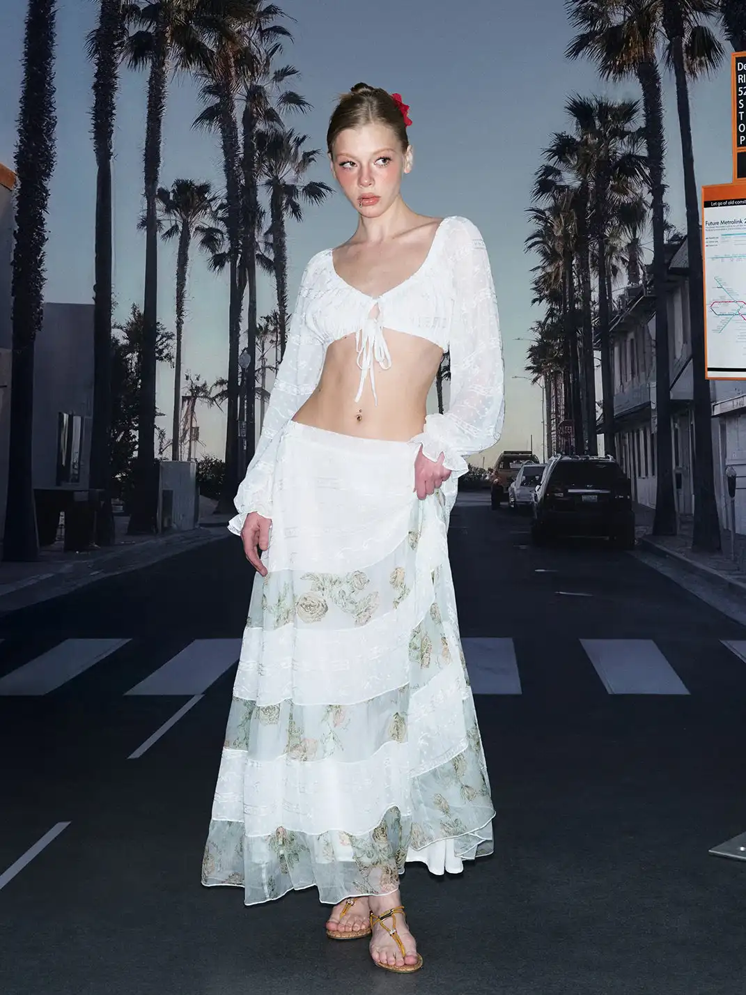 DeleteEX | Ditsy Floral Chiffon Paneled Low-Waist Midi Skirt