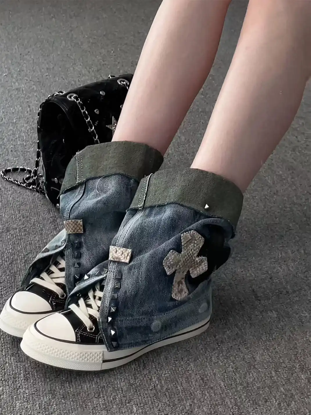 HEIPA | Riveted Cross Patch Denim Fold-over Cuff High Top Canvas Boots
