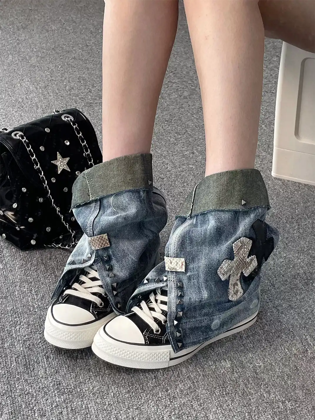 HEIPA | Riveted Cross Patch Denim Fold-over Cuff High Top Canvas Boots