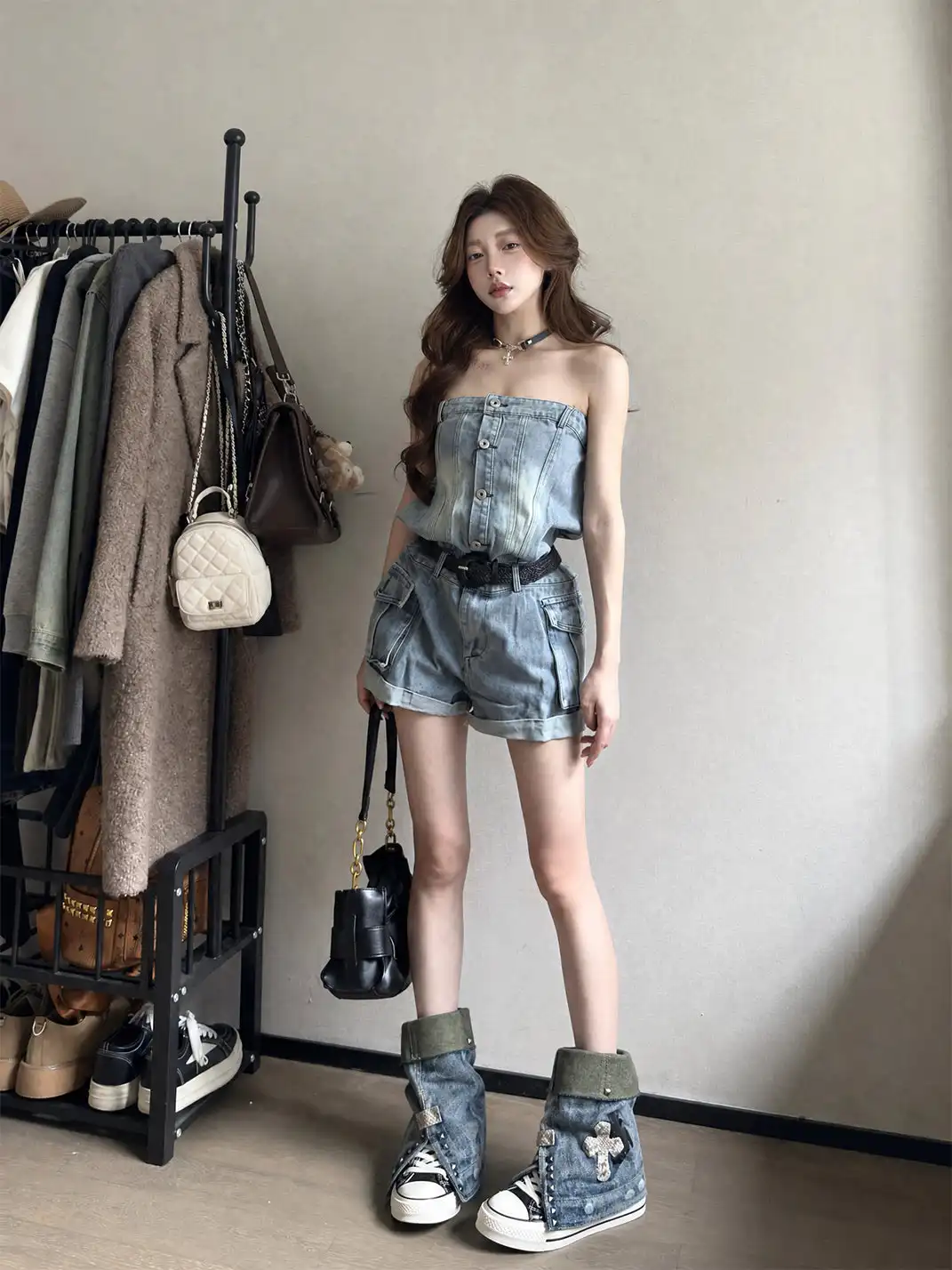 HEIPA | Riveted Cross Patch Denim Fold-over Cuff High Top Canvas Boots