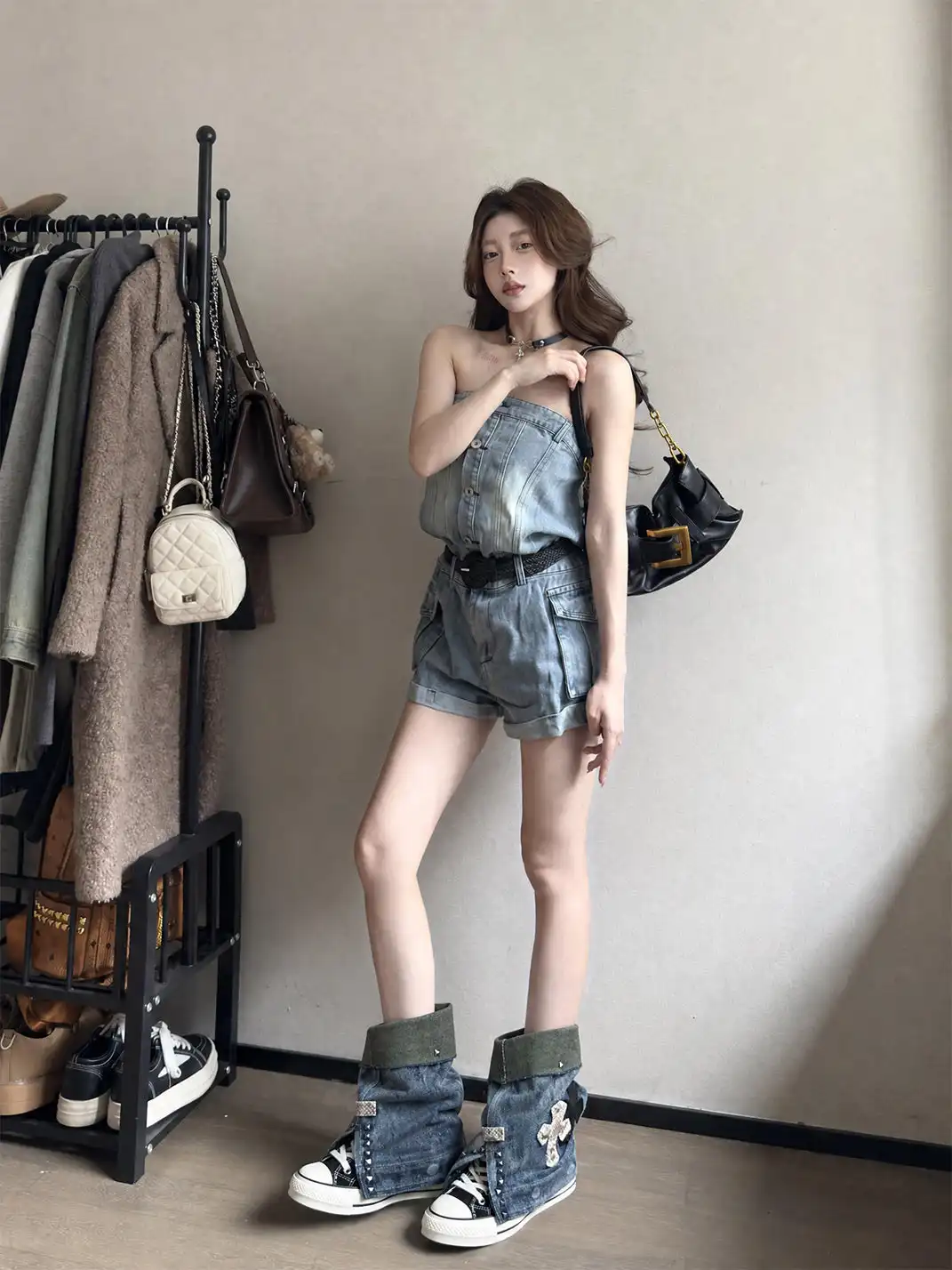 HEIPA | Riveted Cross Patch Denim Fold-over Cuff High Top Canvas Boots