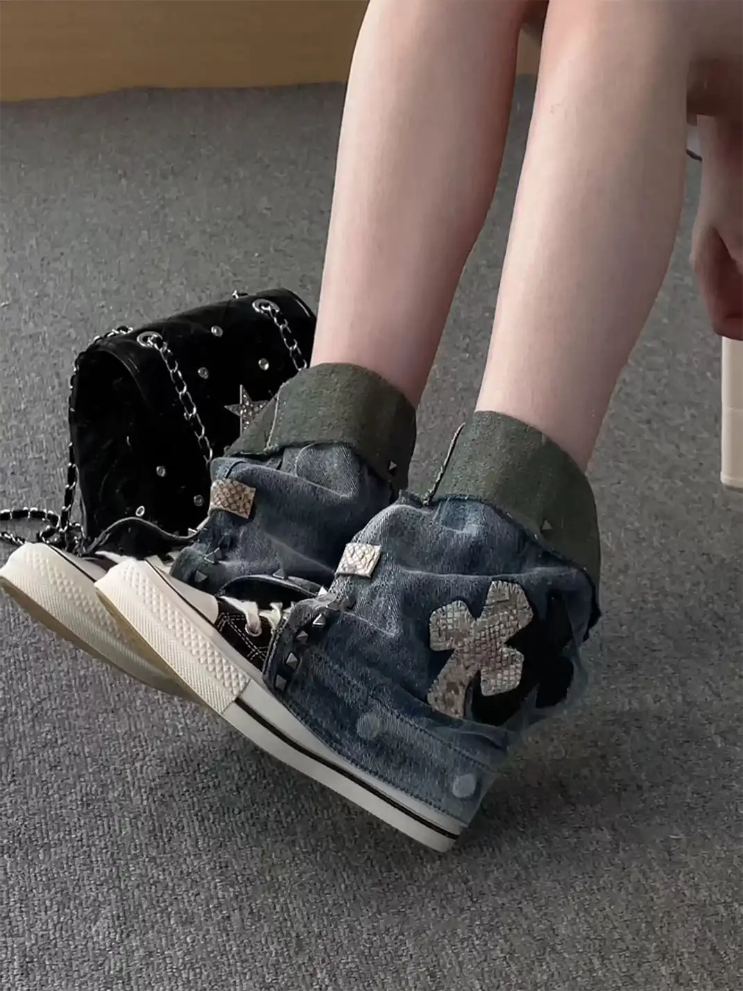 HEIPA | Riveted Cross Patch Denim Fold-over Cuff High Top Canvas Boots