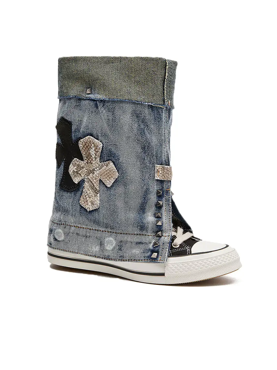 HEIPA | Riveted Cross Patch Denim Fold-over Cuff High Top Canvas Boots