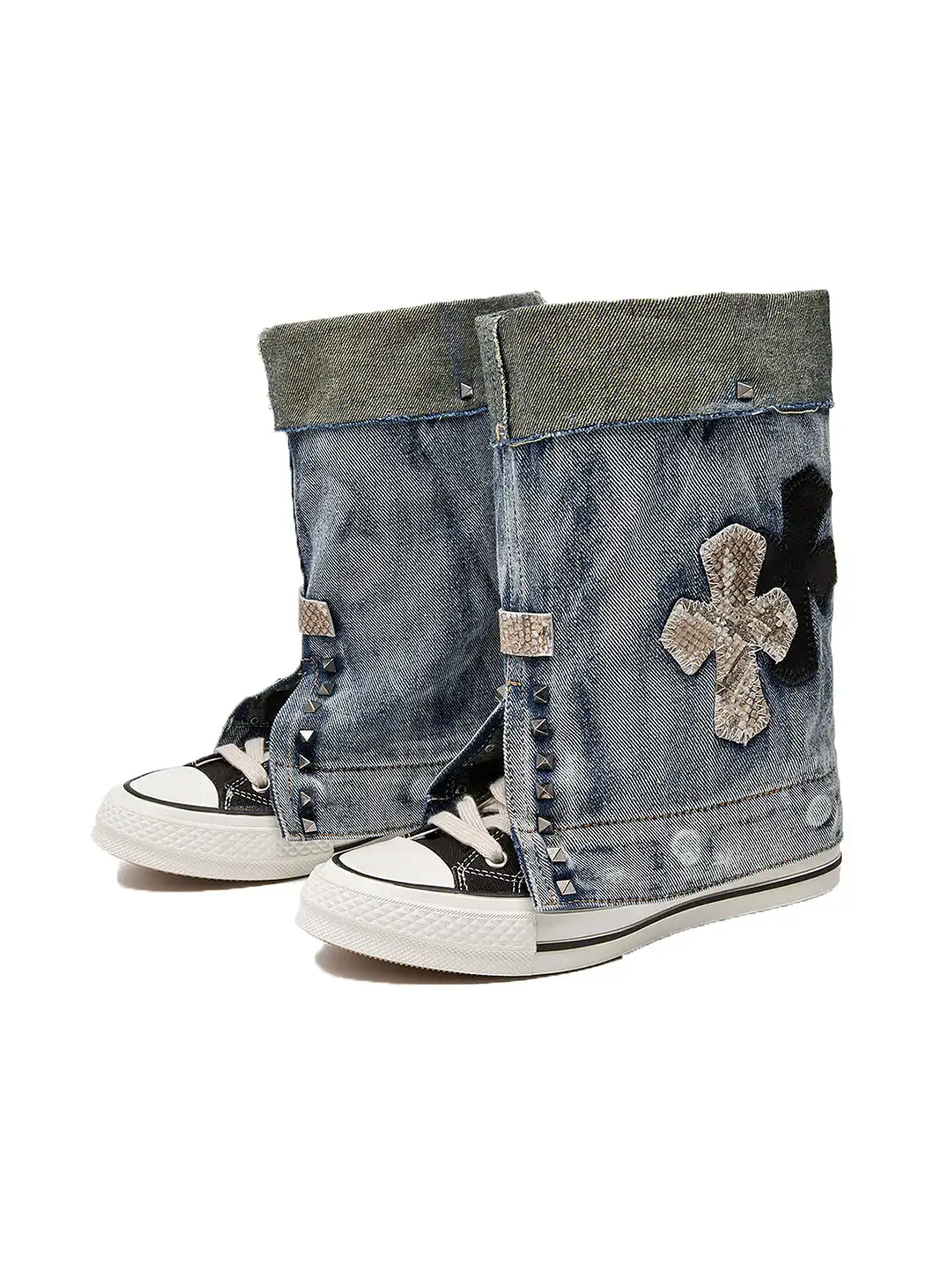 HEIPA | Riveted Cross Patch Denim Fold-over Cuff High Top Canvas Boots
