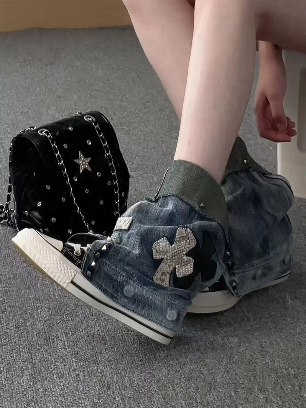 HEIPA | Riveted Cross Patch Denim Fold-over Cuff High Top Canvas Boots