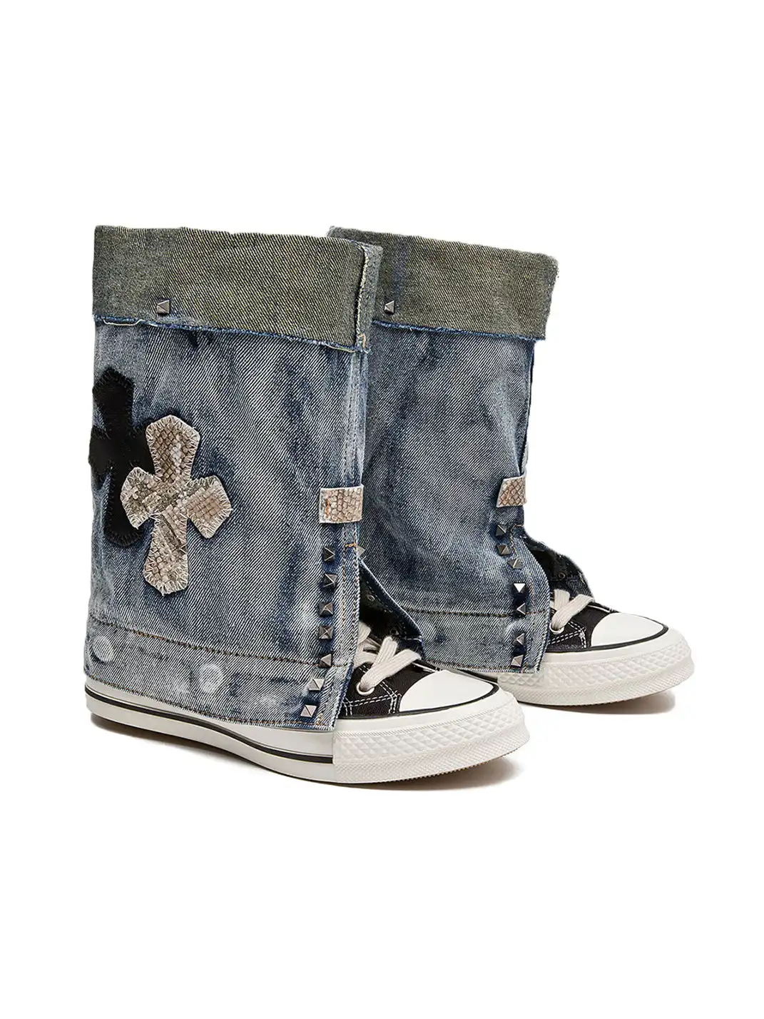 HEIPA | Riveted Cross Patch Denim Fold-over Cuff High Top Canvas Boots