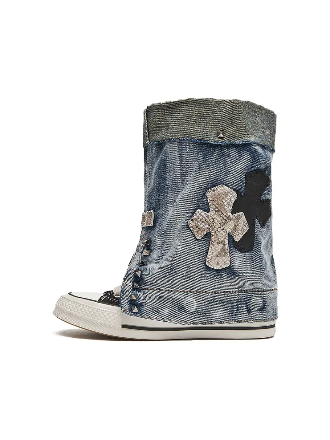 HEIPA | Riveted Cross Patch Denim Fold-over Cuff High Top Canvas Boots