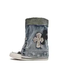 HEIPA | Riveted Cross Patch Denim Fold-over Cuff High Top Canvas Boots