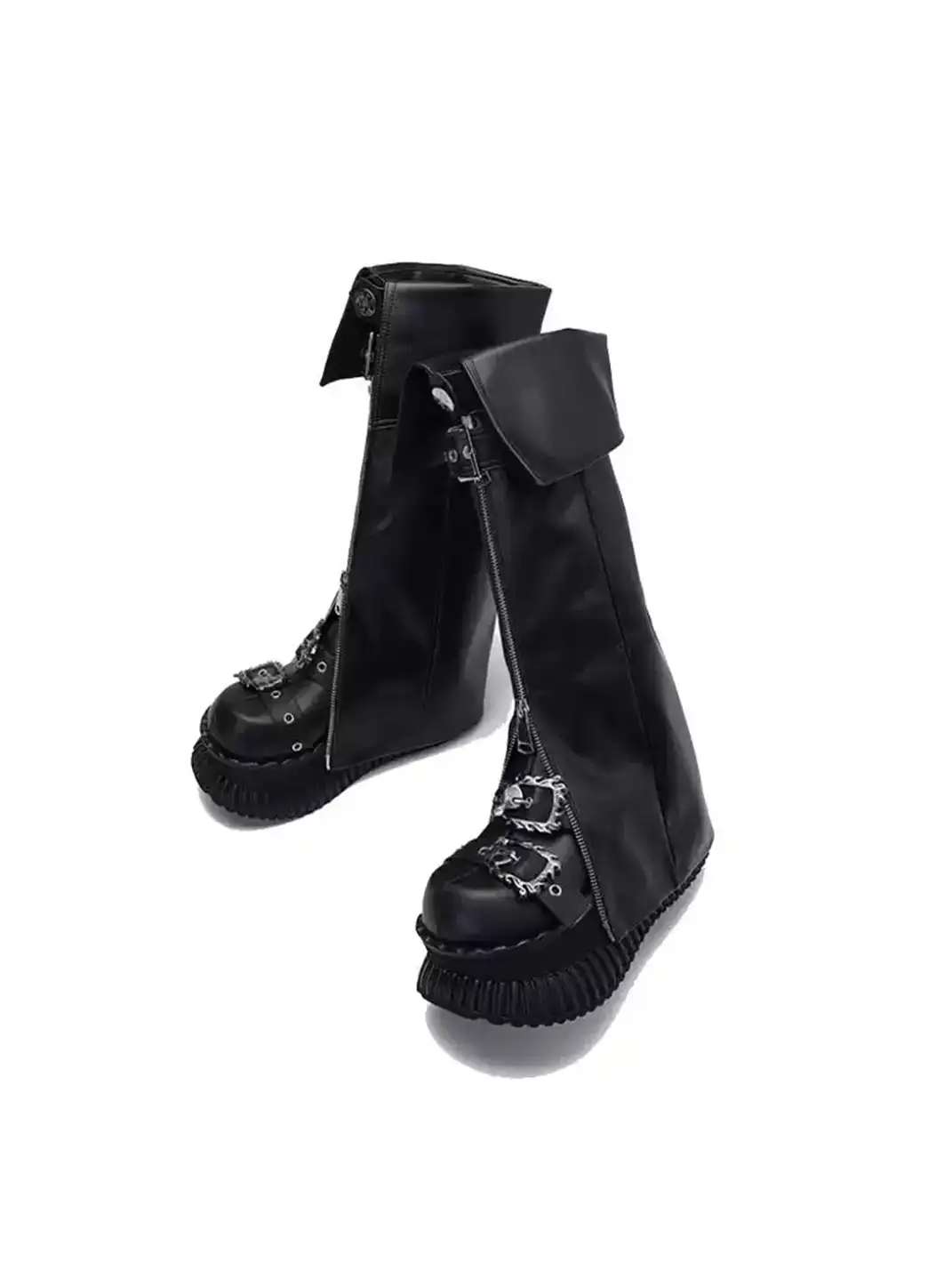 JiangGe | Fold-over Cuff Buckle Platform Punk Knee-High Boots