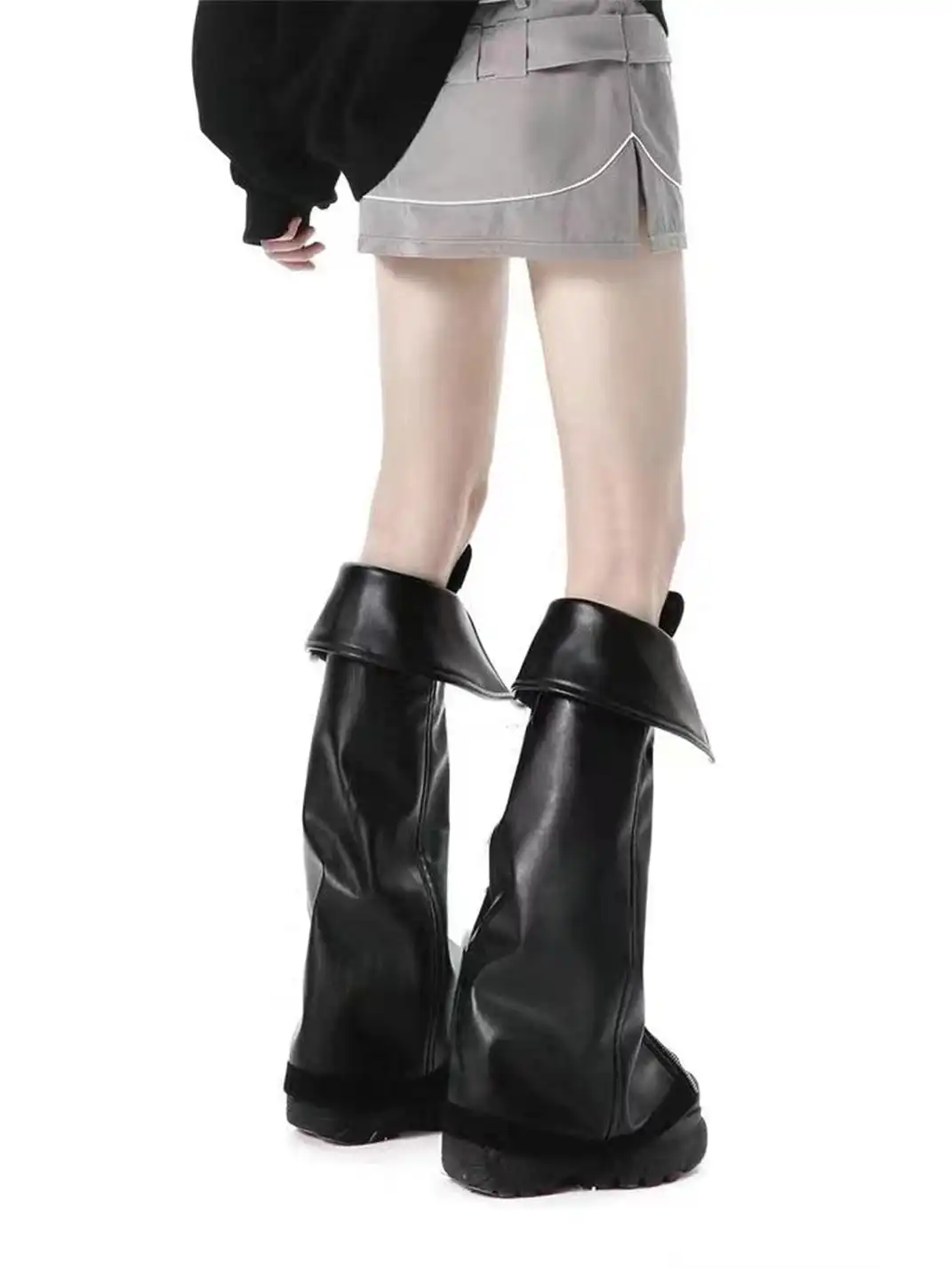 JiangGe | Fold-over Cuff Buckle Platform Punk Knee-High Boots