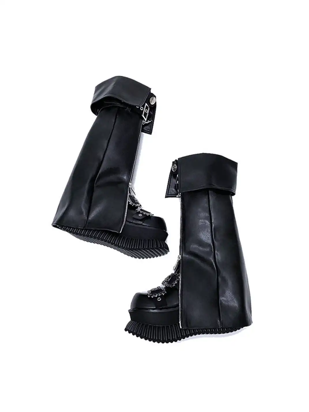 JiangGe | Fold-over Cuff Buckle Platform Punk Knee-High Boots