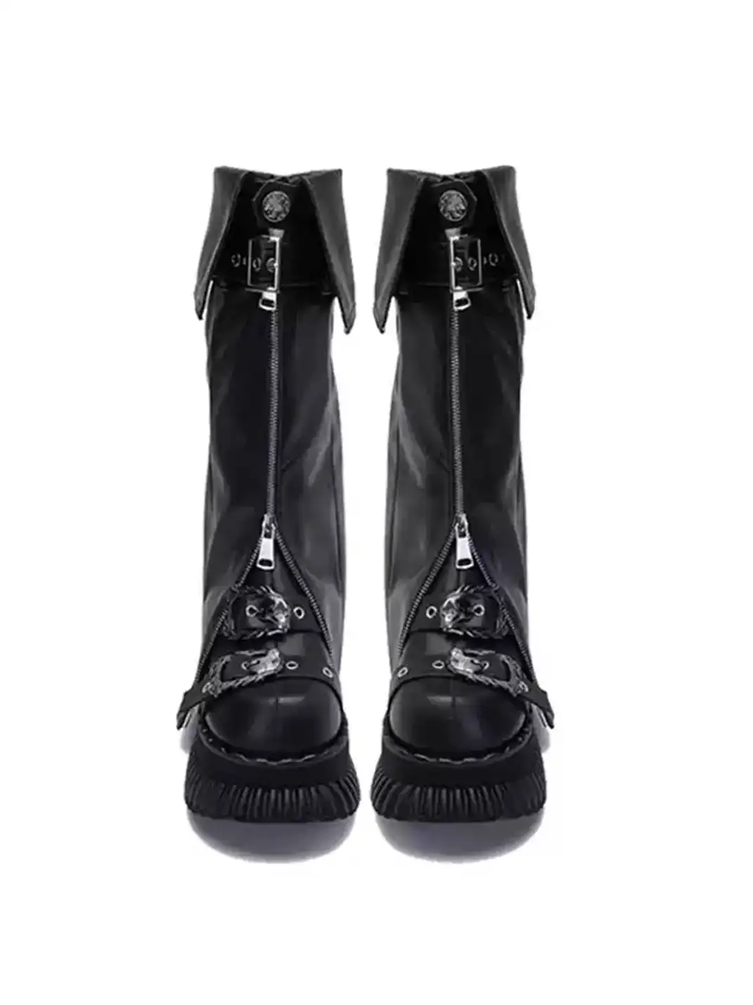 JiangGe | Fold-over Cuff Buckle Platform Punk Knee-High Boots