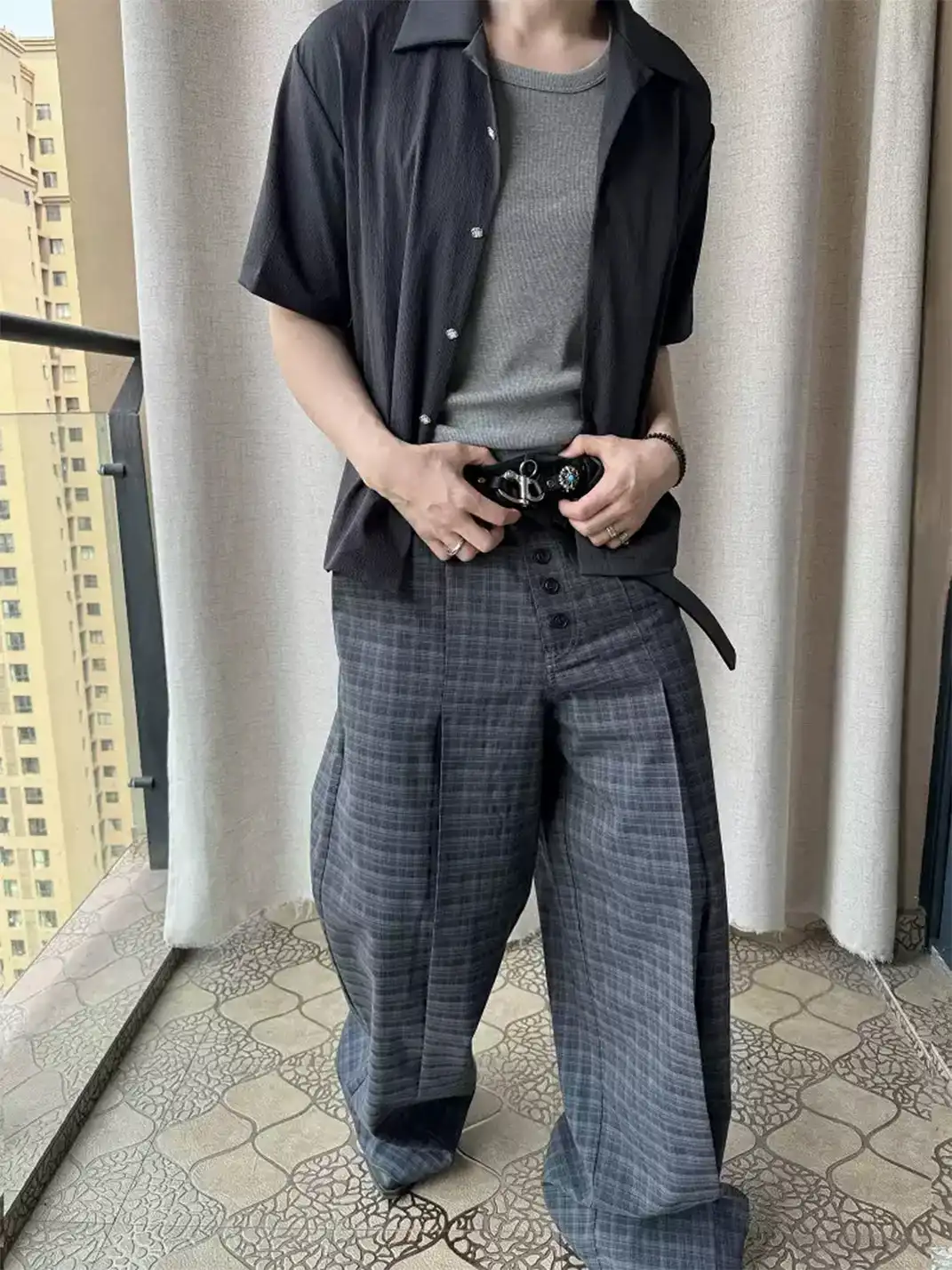 Esaias | Plaid Button Wide-Leg A-Line Trousers