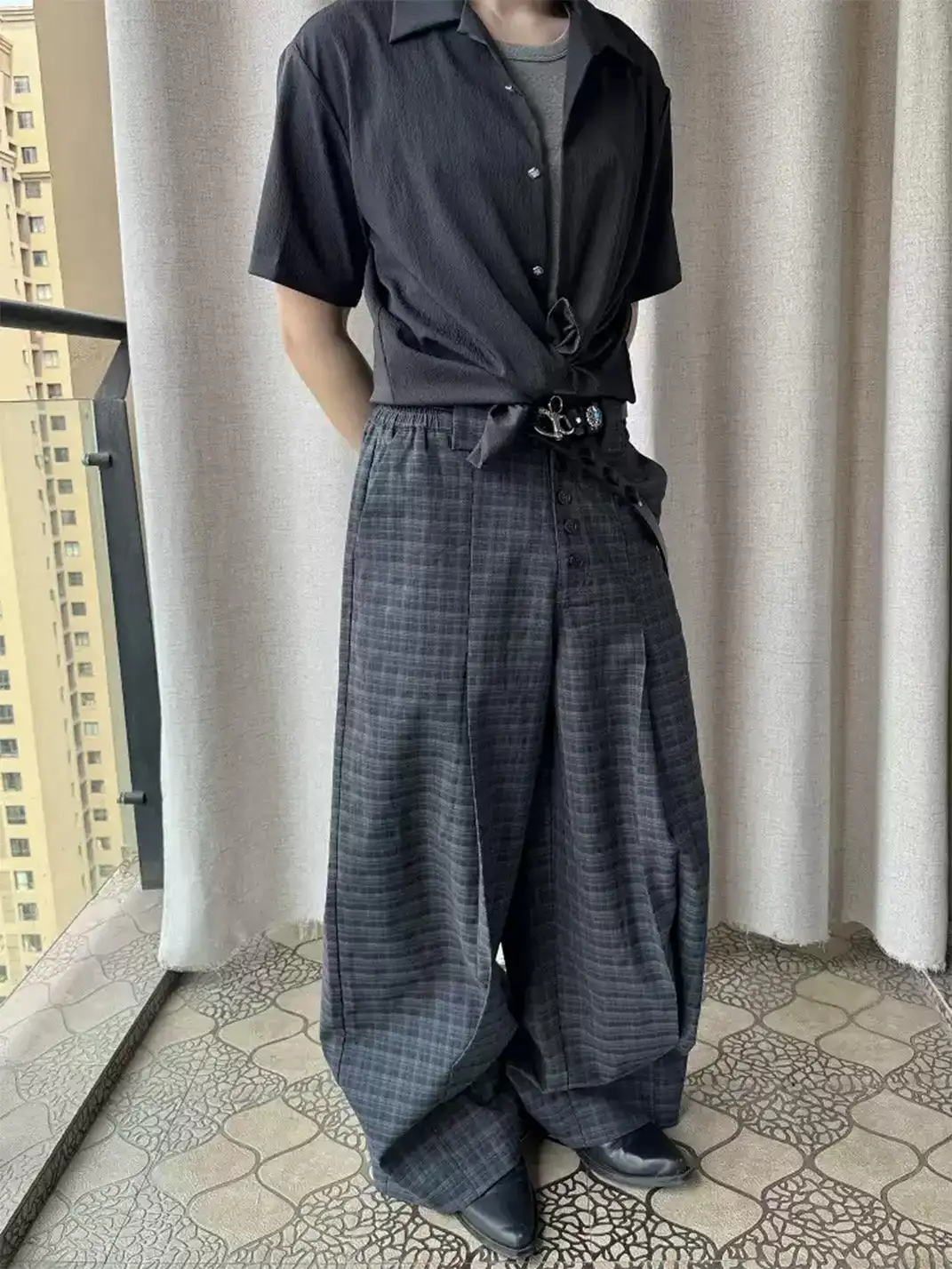Esaias | Plaid Button Wide-Leg A-Line Trousers