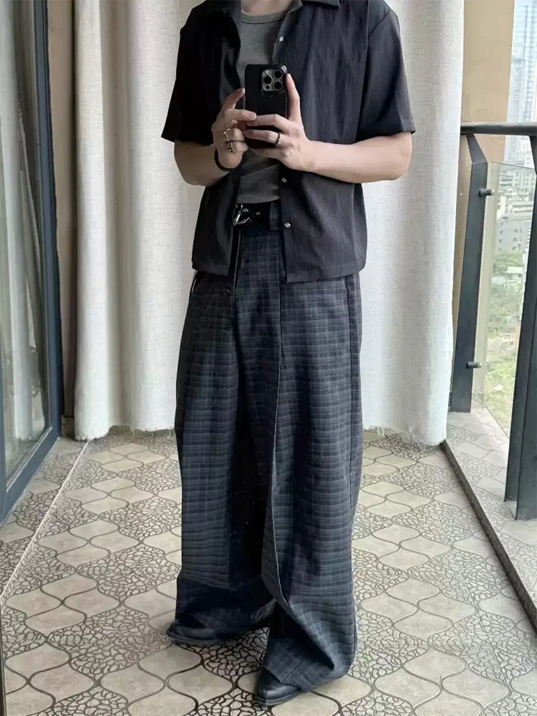 Esaias | Plaid Button Wide-Leg A-Line Trousers