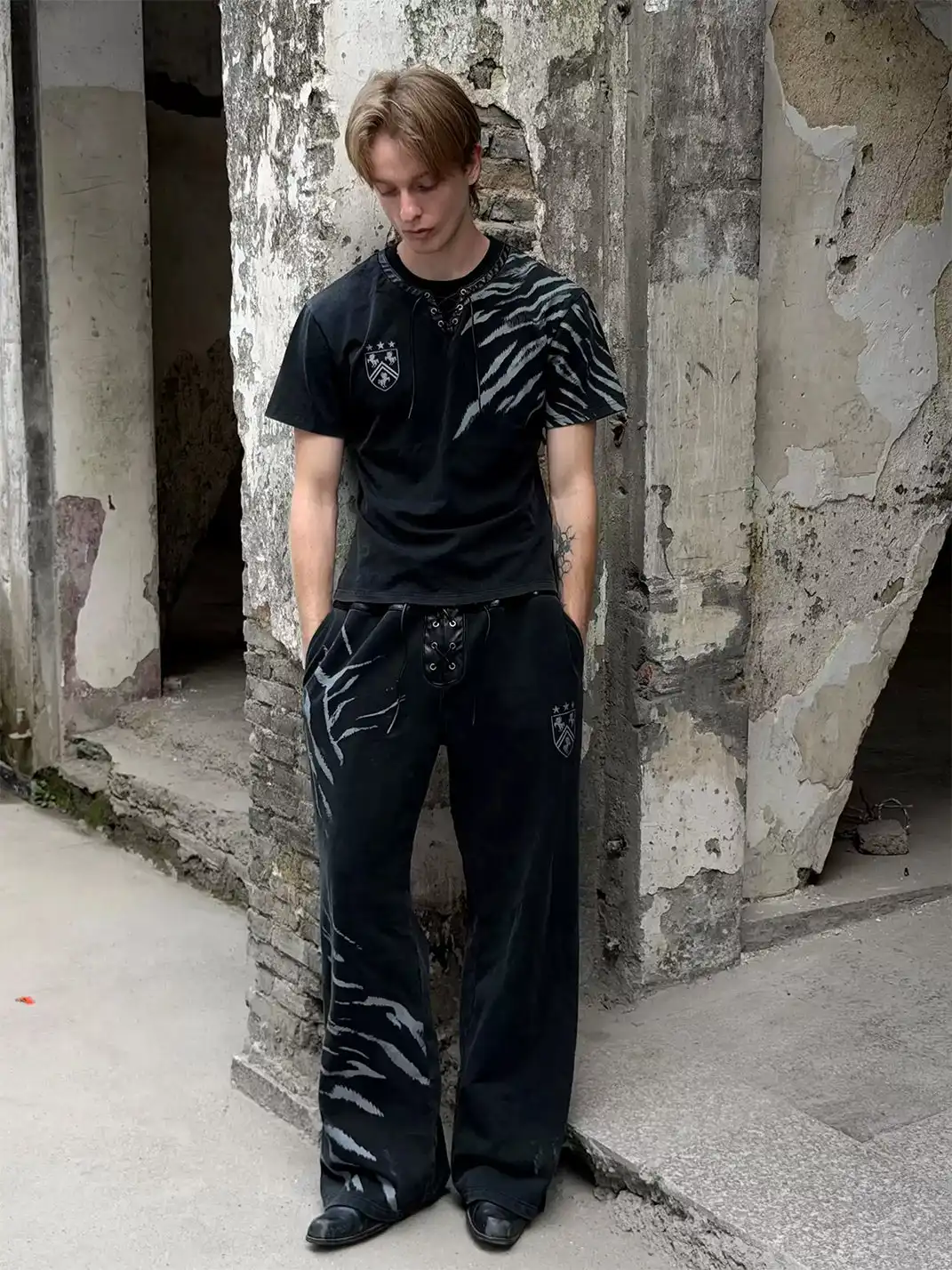 Esaias | Zebra Print Leather Spliced Double Waist Sweatpants