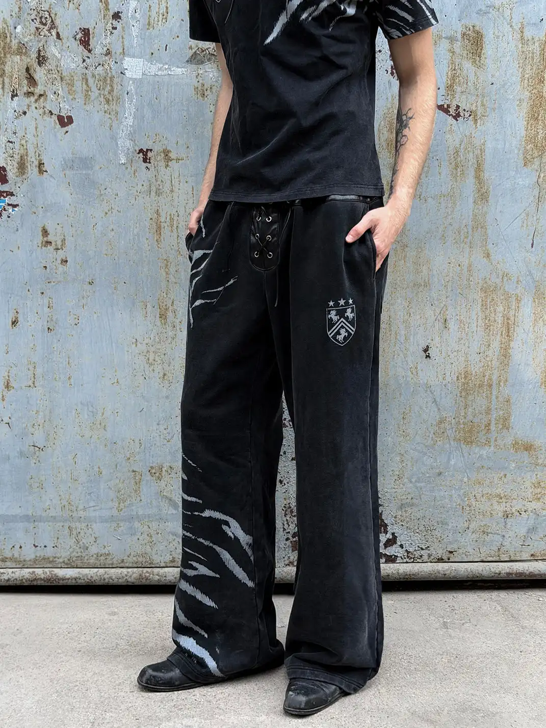 Esaias | Zebra Print Leather Spliced Double Waist Sweatpants