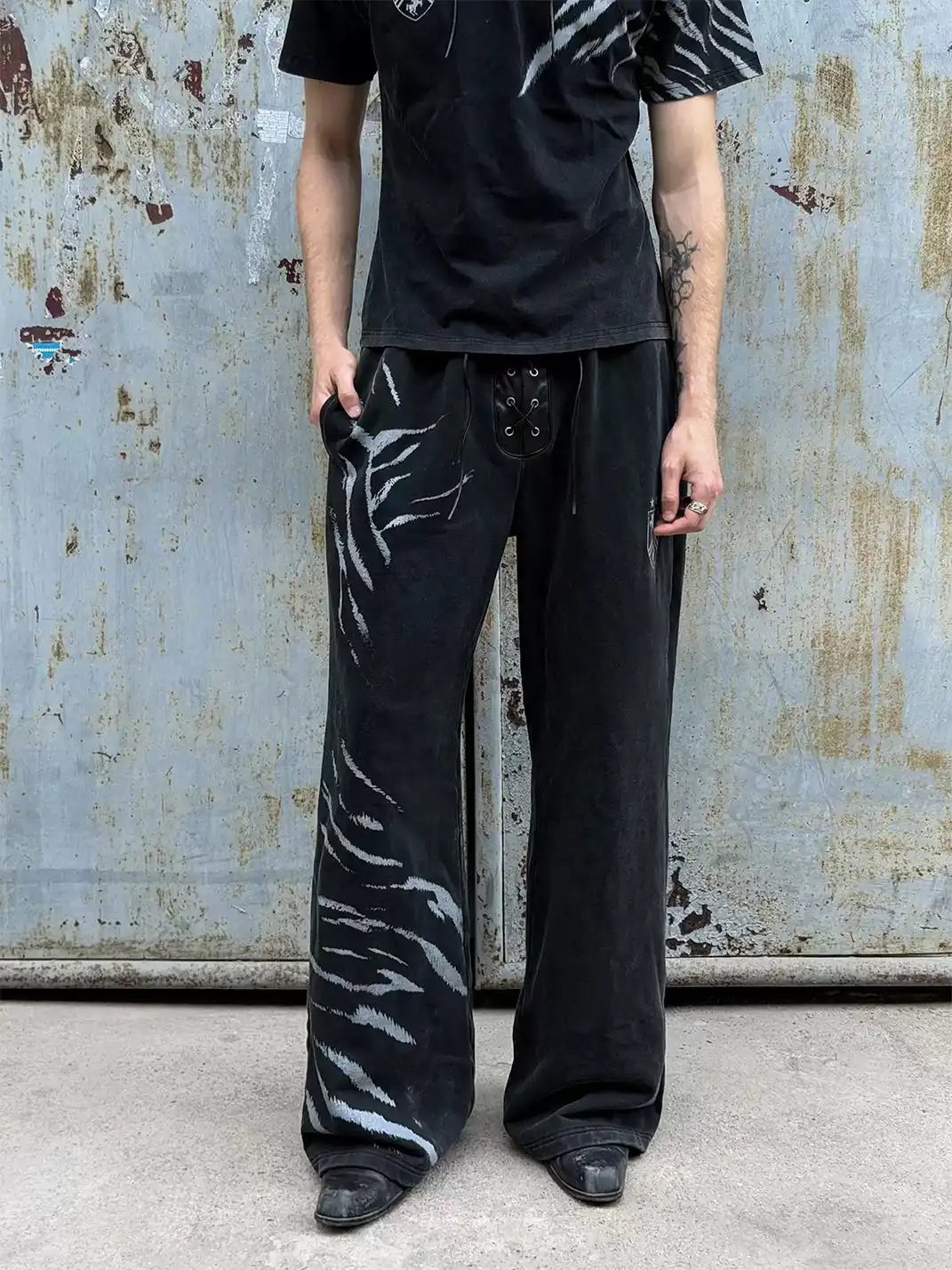 Esaias | Zebra Print Leather Spliced Double Waist Sweatpants