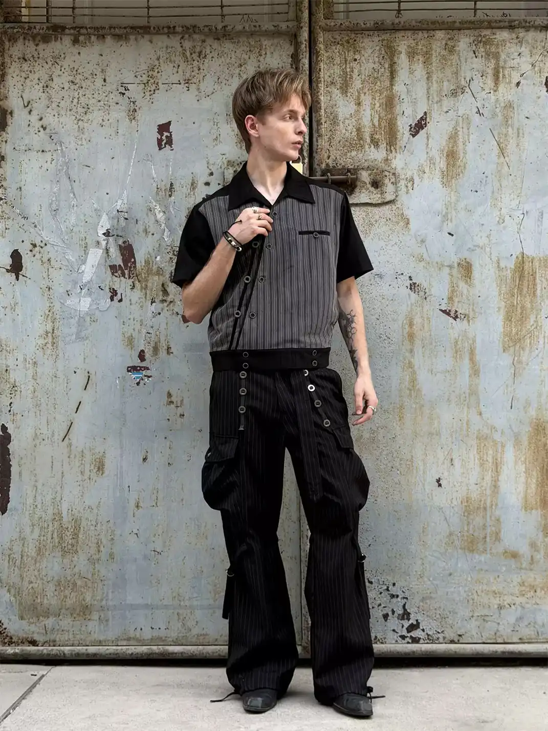Esaias | Subtle Stripe Slant Placket Spliced Button Row Shirt