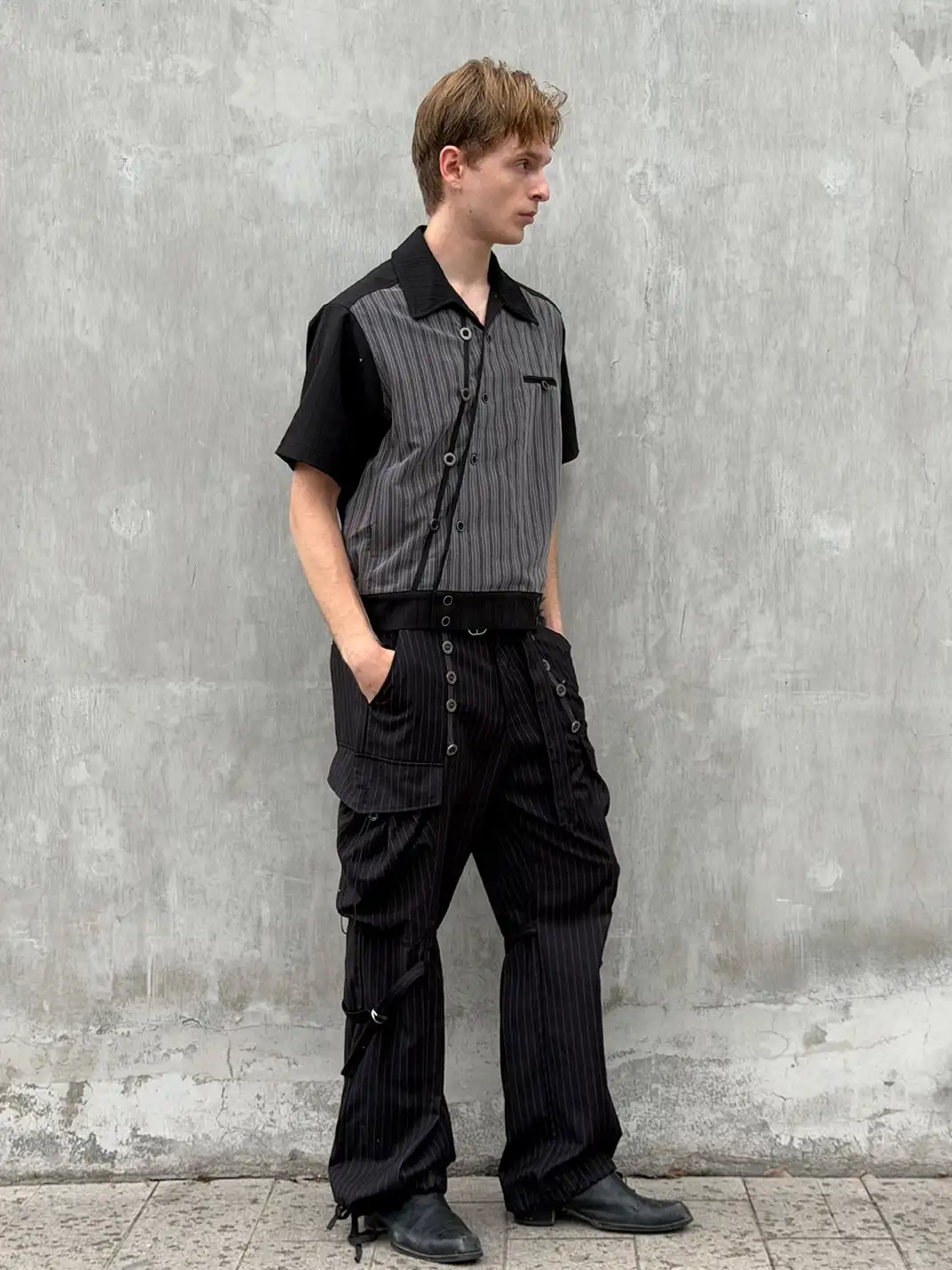 Esaias | Subtle Stripe Slant Placket Spliced Button Row Shirt