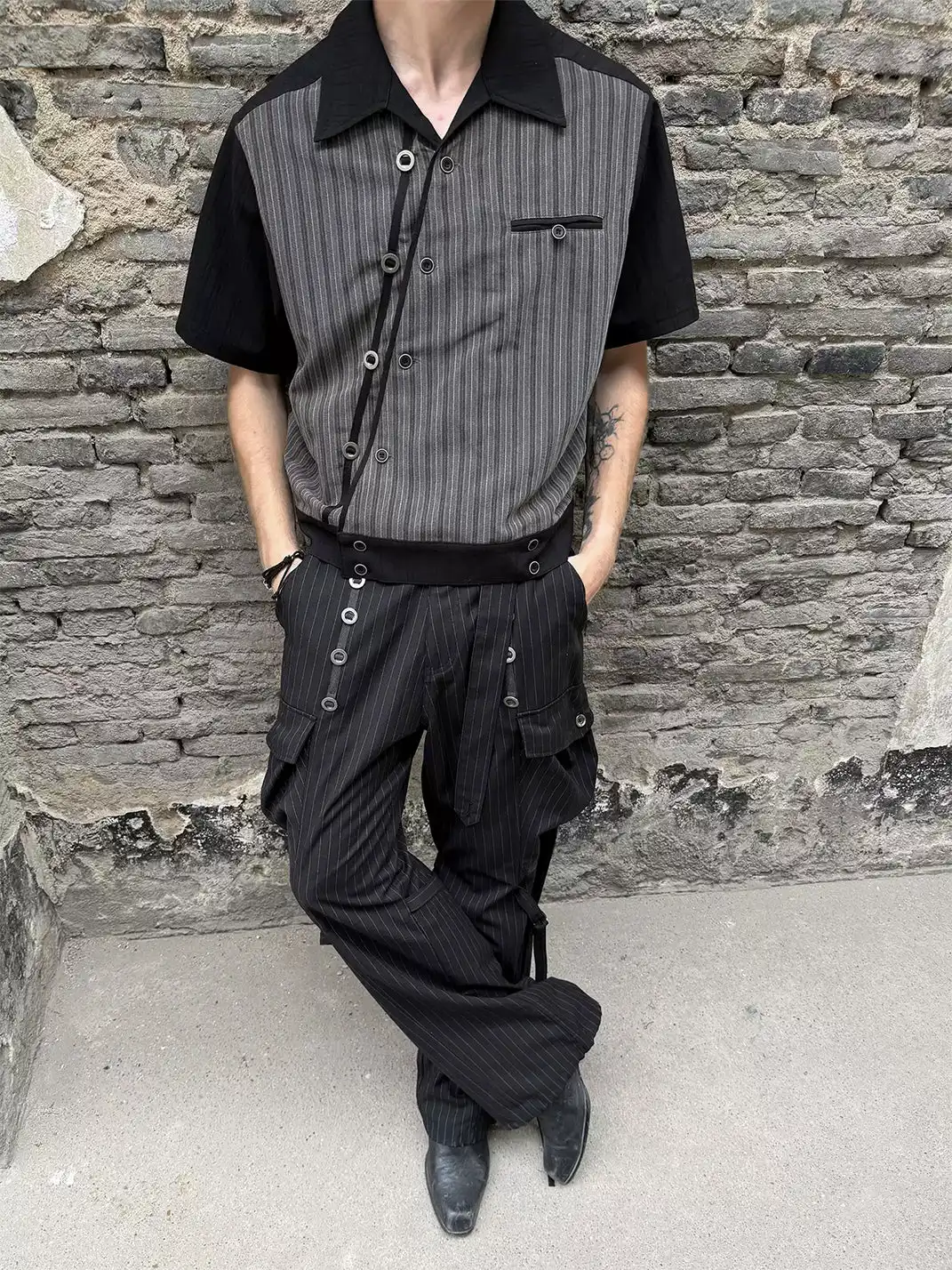 Esaias | Subtle Stripe Slant Placket Spliced Button Row Shirt