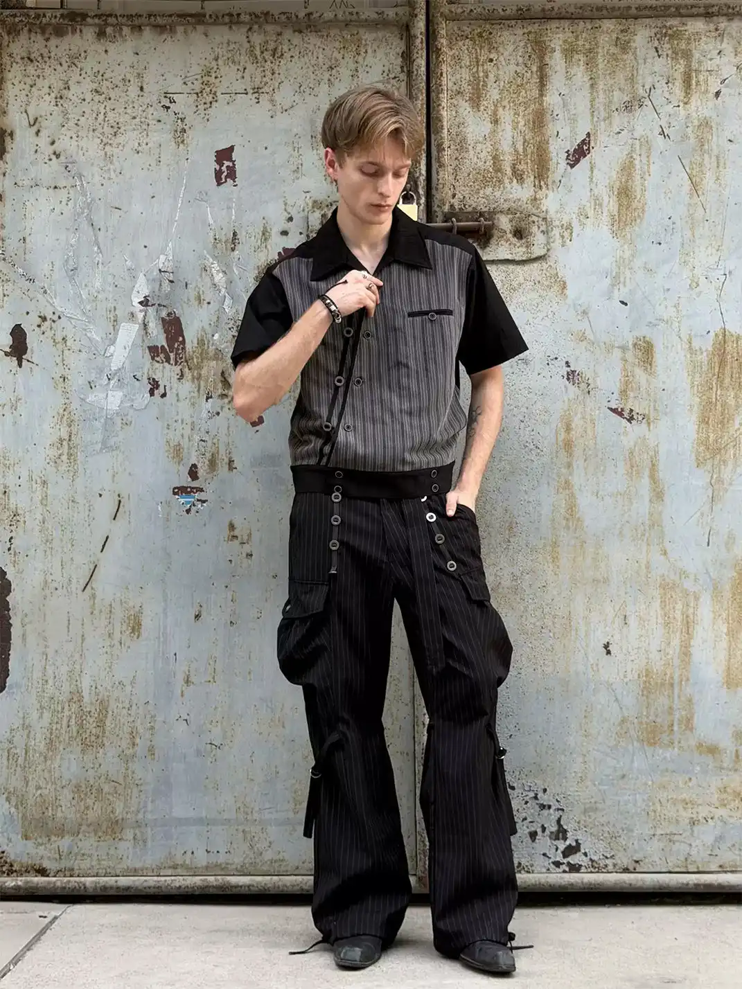 Esaias | Subtle Stripe Slant Placket Spliced Button Row Shirt