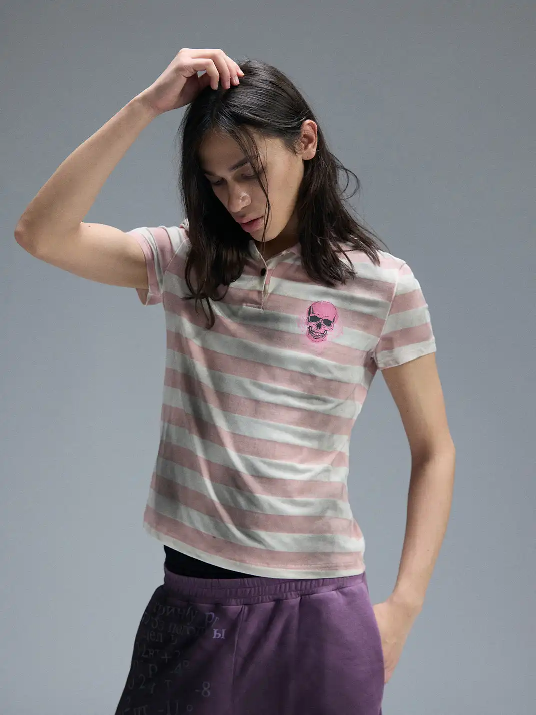 PAIKI | Distressed Skull Stripe Polo Shirt