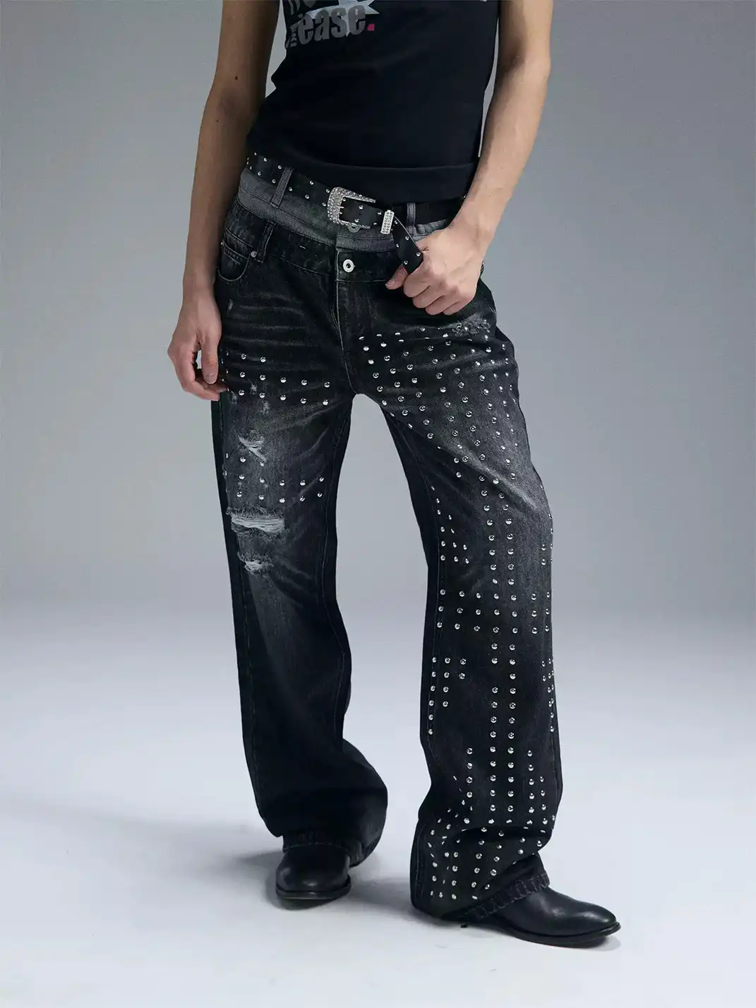 PAIKI | Union Jack Rivet Rhinestone Double Waist Ripped Jeans