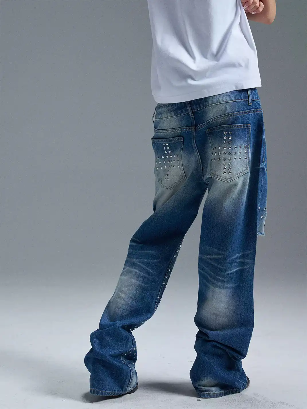 PAIKI | Union Jack Rivet Rhinestone Double Waist Ripped Jeans