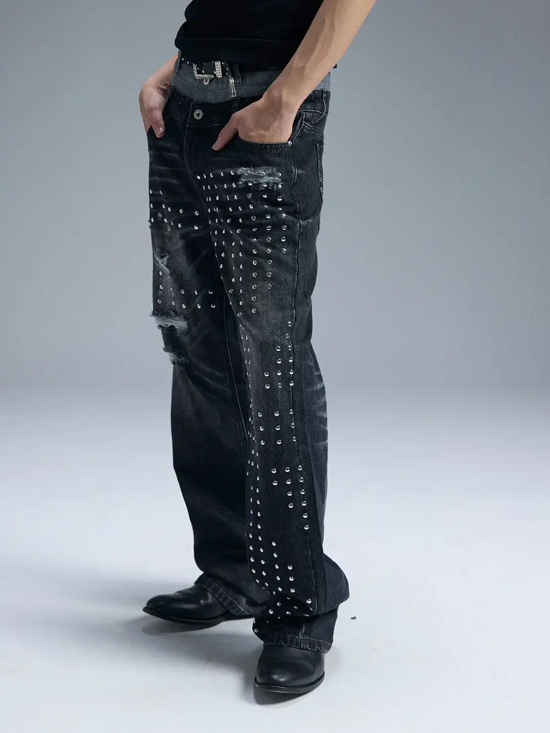 PAIKI | Union Jack Rivet Rhinestone Double Waist Ripped Jeans