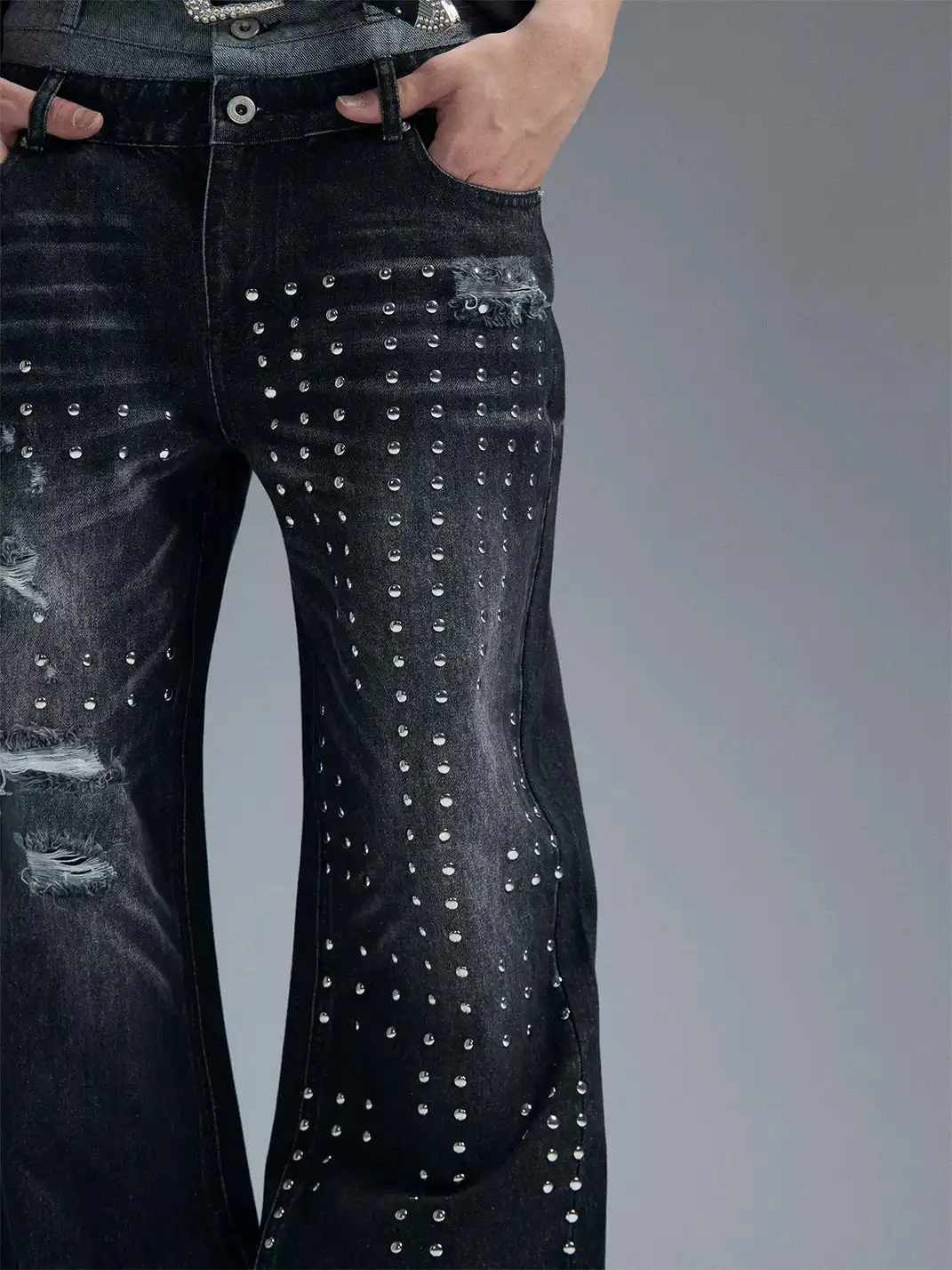 PAIKI | Union Jack Rivet Rhinestone Double Waist Ripped Jeans