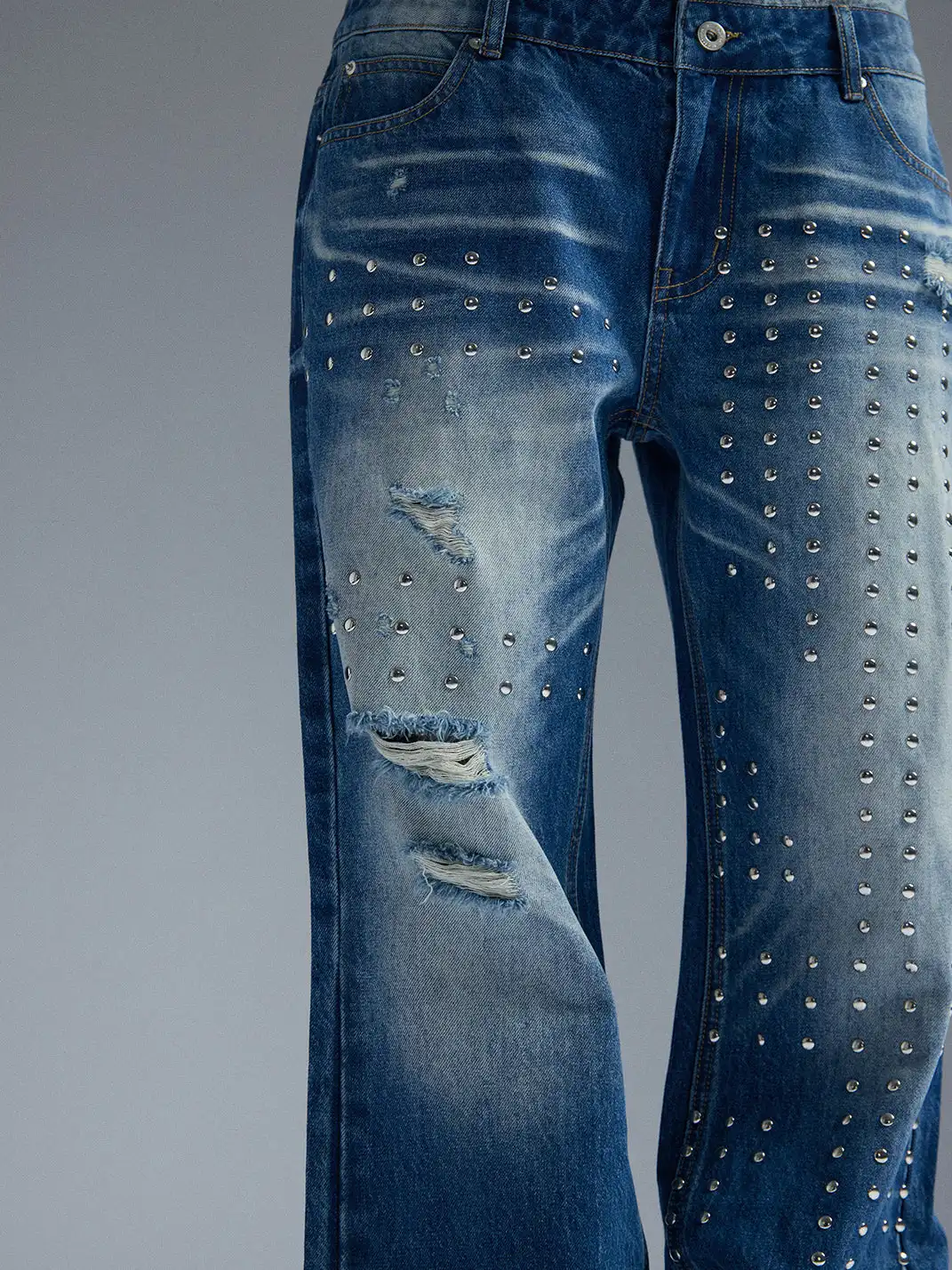 PAIKI | Union Jack Rivet Rhinestone Double Waist Ripped Jeans
