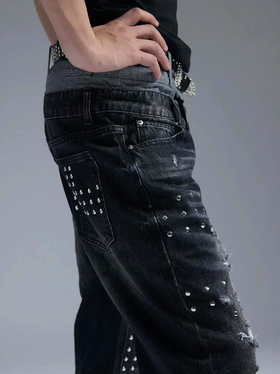 PAIKI | Union Jack Rivet Rhinestone Double Waist Ripped Jeans