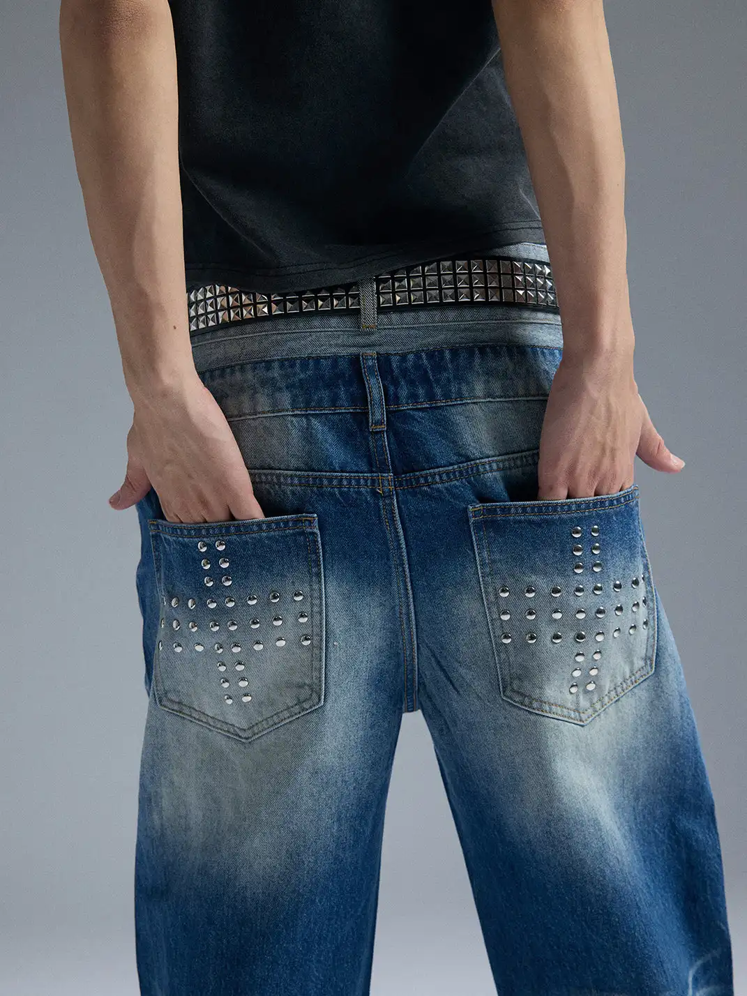 PAIKI | Union Jack Rivet Rhinestone Double Waist Ripped Jeans